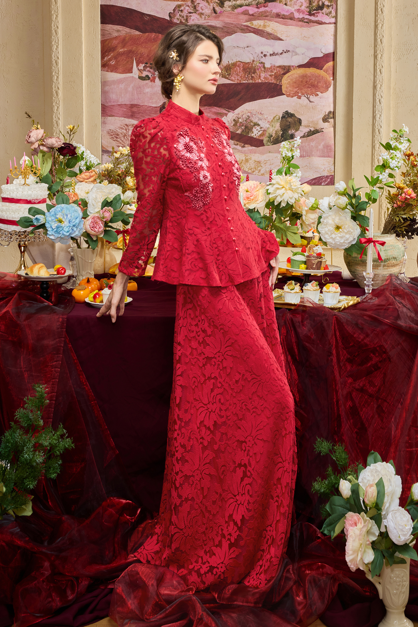 Lace Nail Bead Embroidery Top & Hight Waist Midi Skirt Set