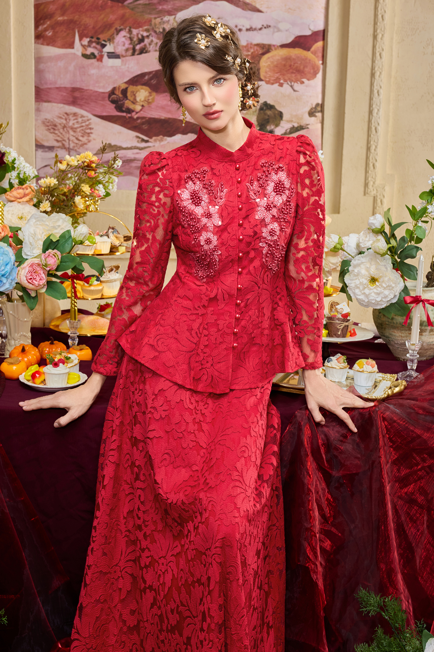 Lace Nail Bead Embroidery Top & Hight Waist Midi Skirt Set