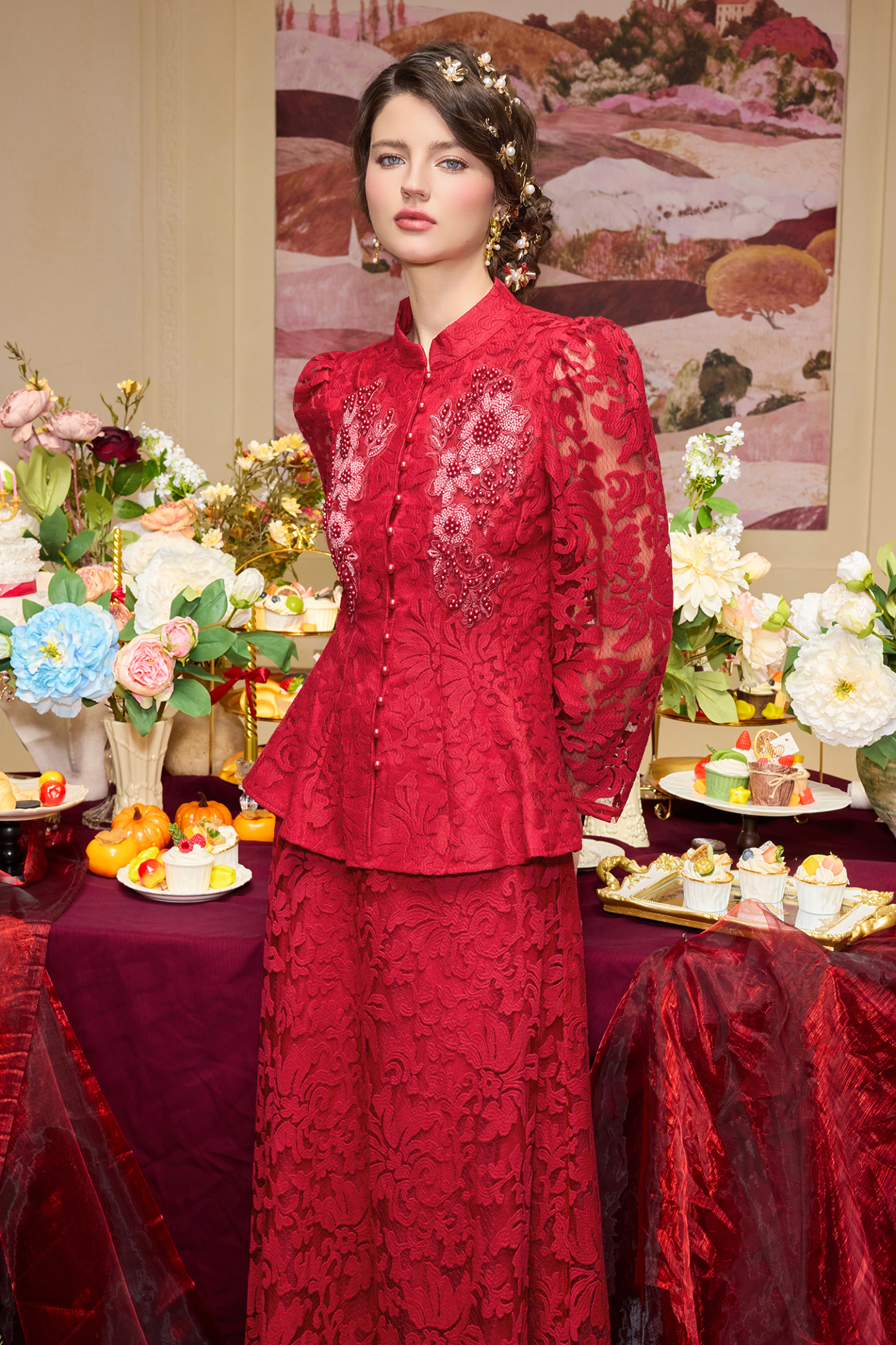 Lace Nail Bead Embroidery Top & Hight Waist Midi Skirt Set