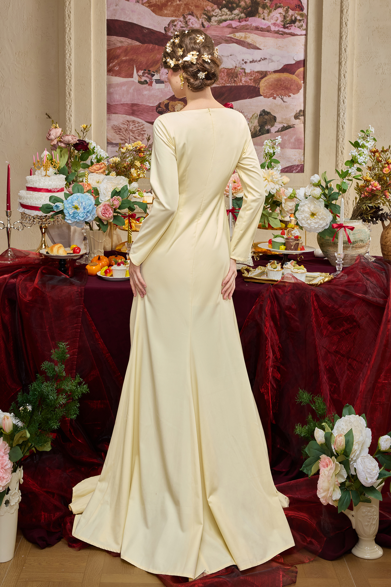 3D Flower Gathering Long Sleeve Maxi Dress