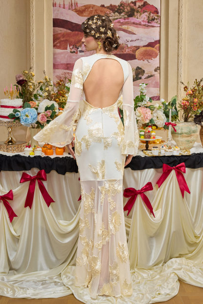 Mesh Embroidered Bell Sleeve Maxi Dress