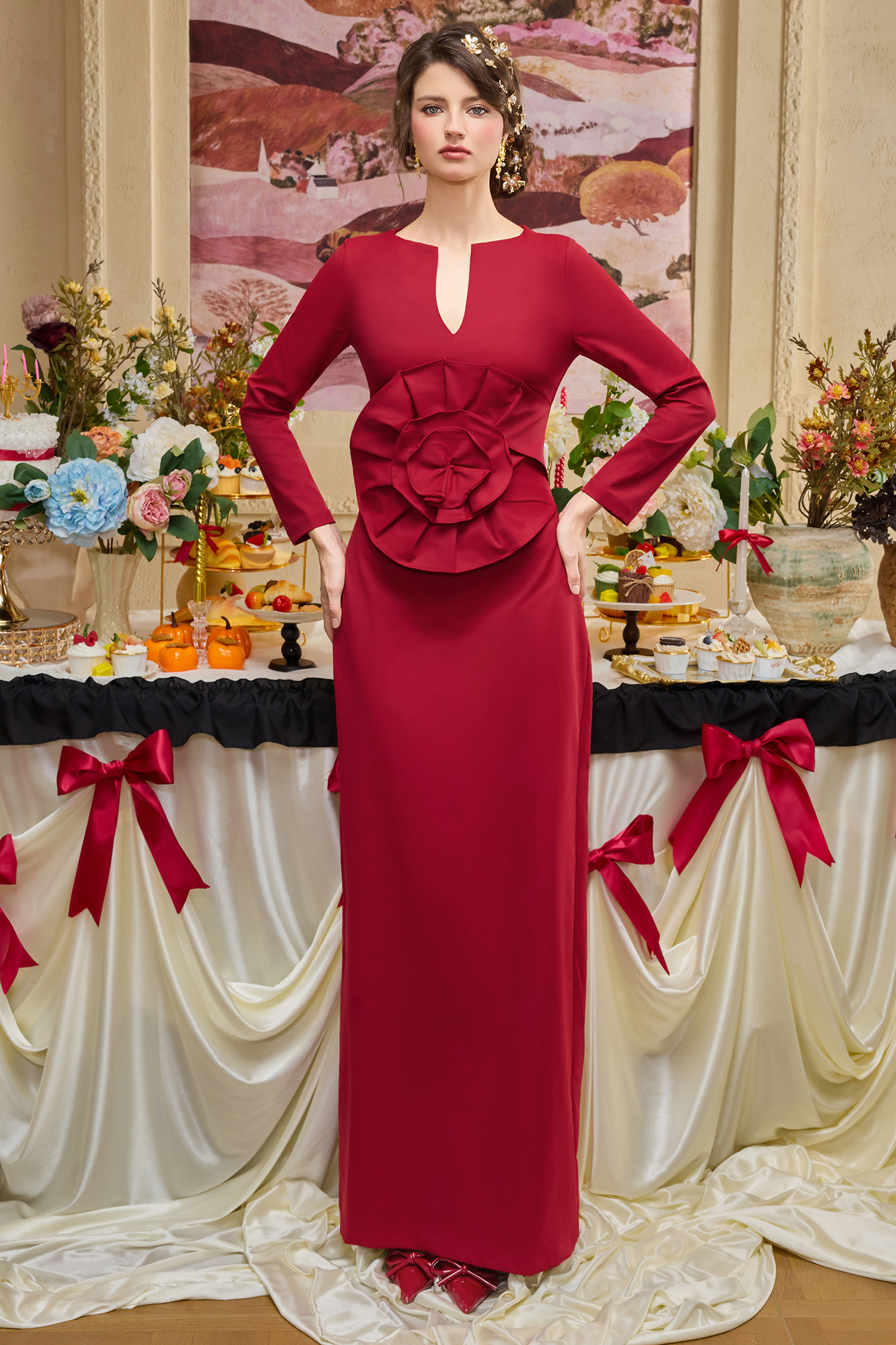 3D Flower Solid Long Sleeve Maxi Dress