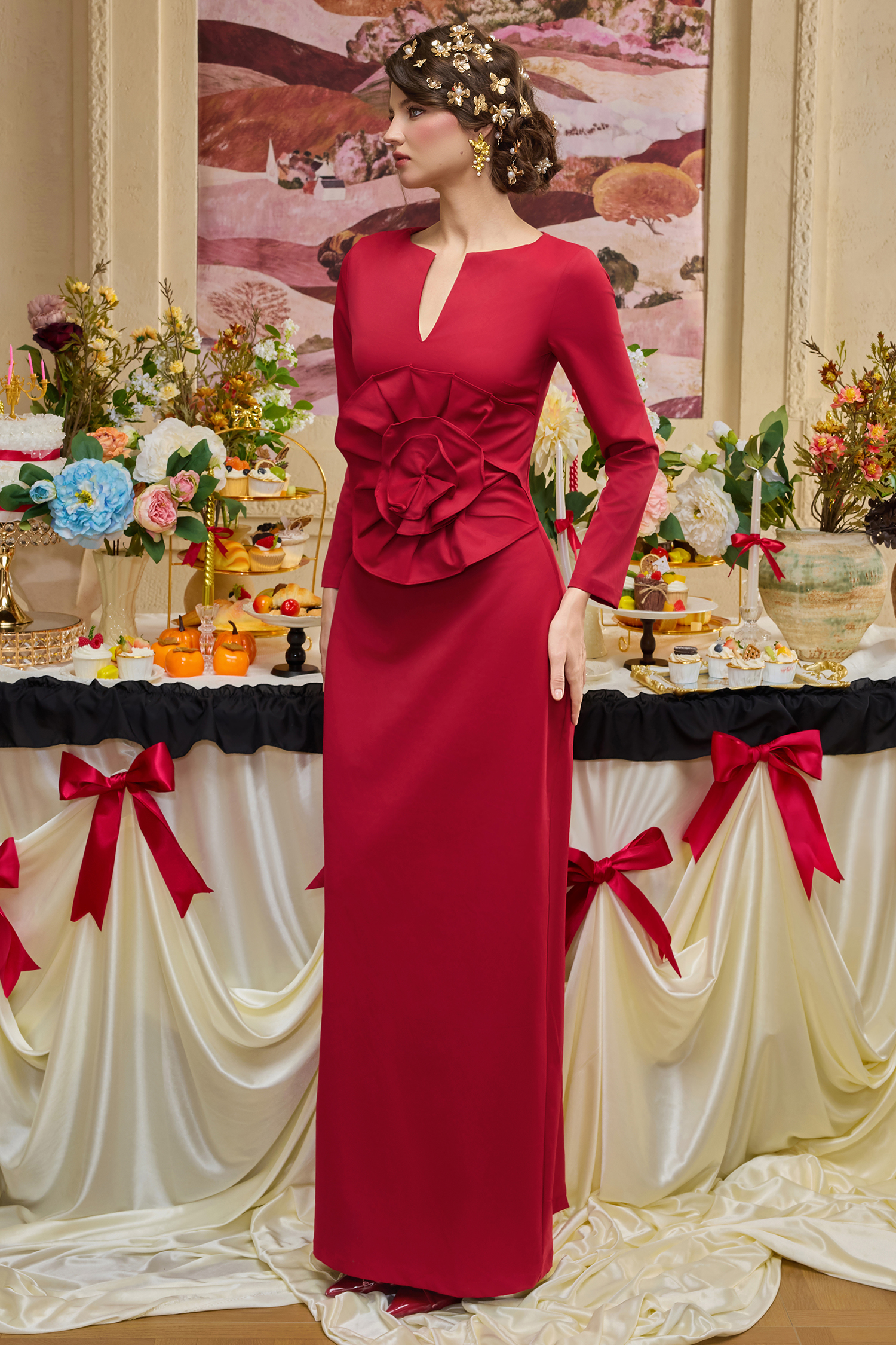 Jersey Rhinestone Gathering Maxi Dress