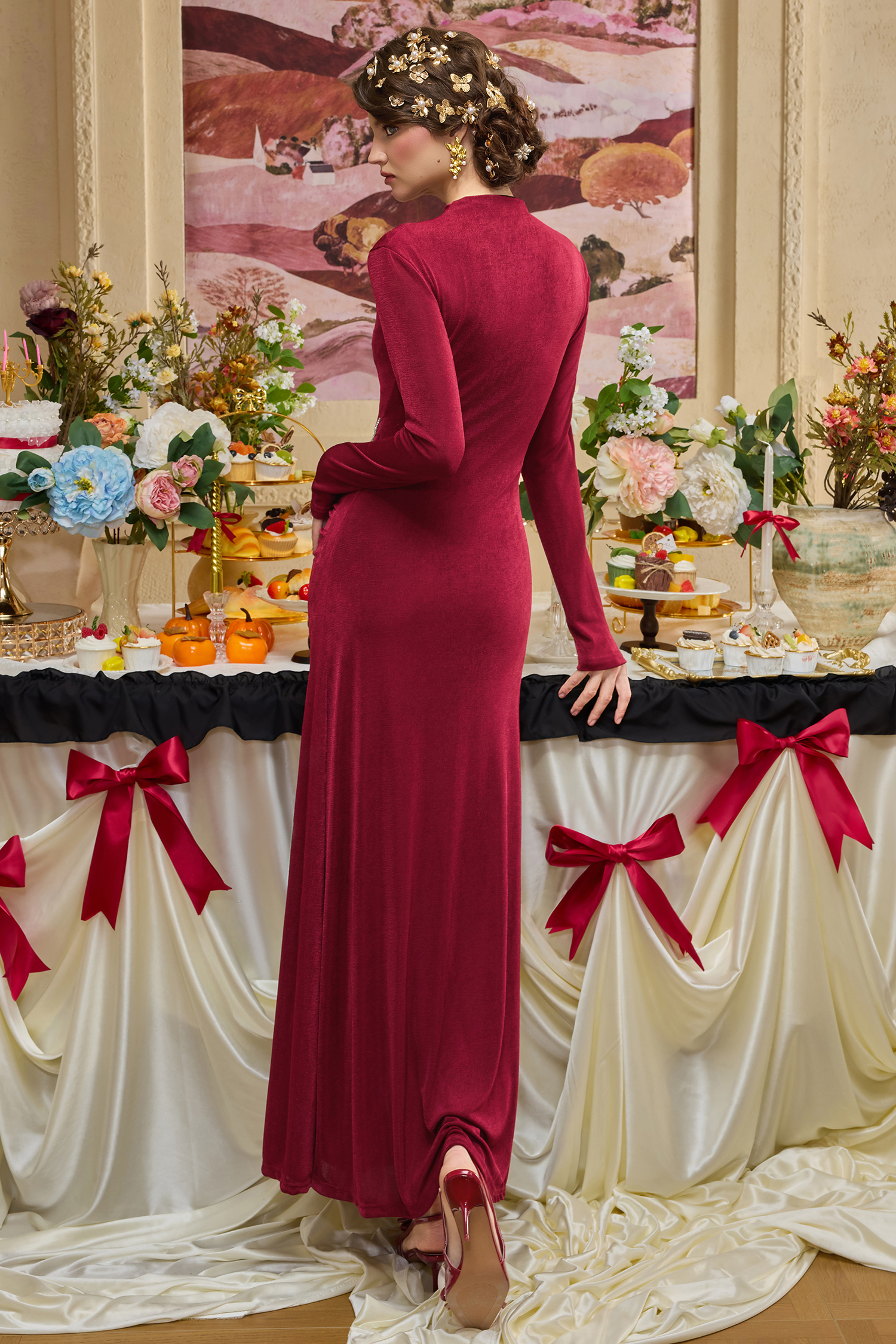 Jersey Rhinestone Gathering Maxi Dress