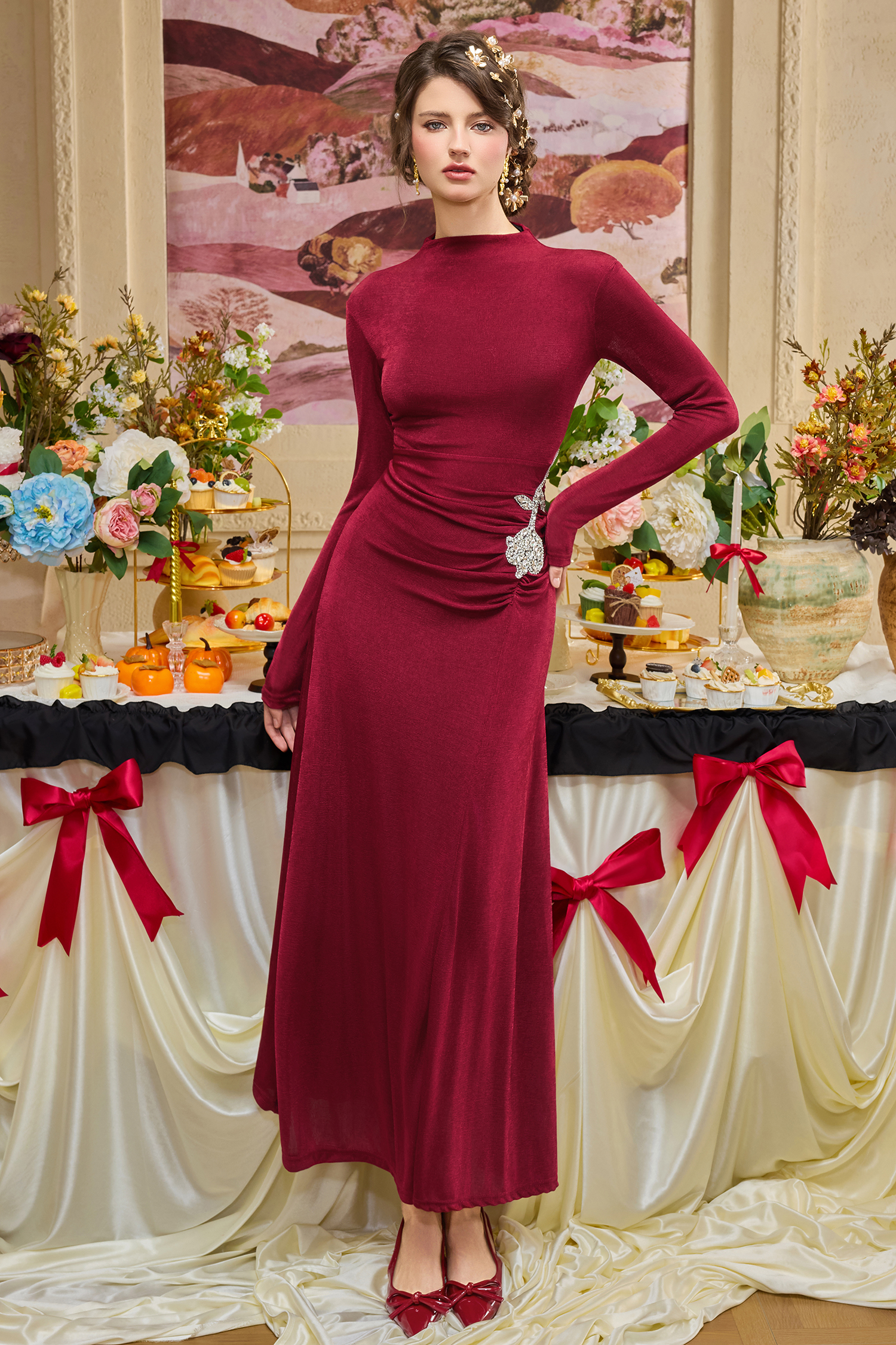 Jersey Rhinestone Gathering Maxi Dress