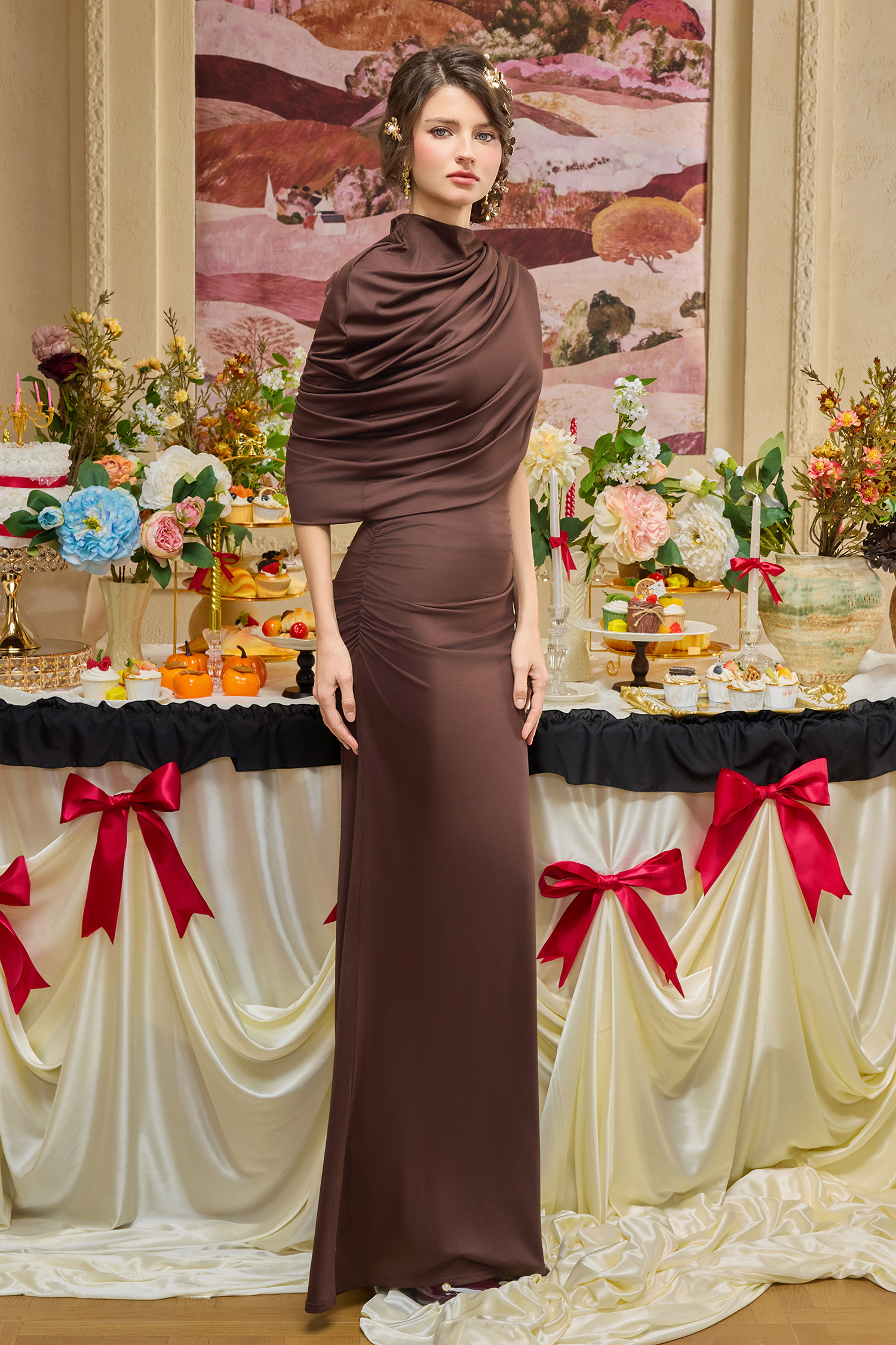 Jersey Gathering Asymmetrical Maxi Dress