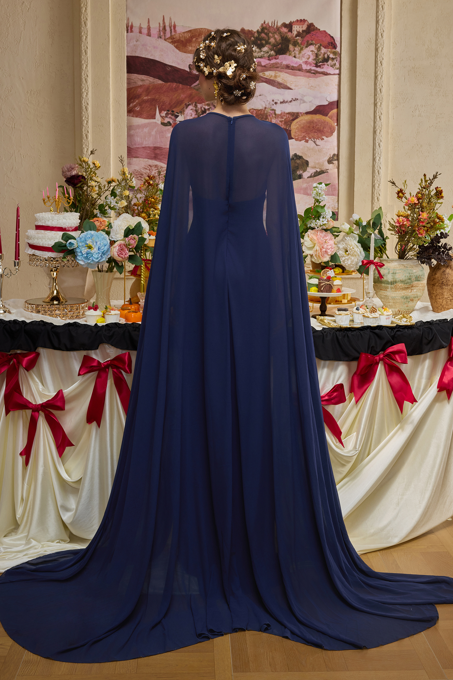 3D Flower Chiffon Cape Maxi Dress