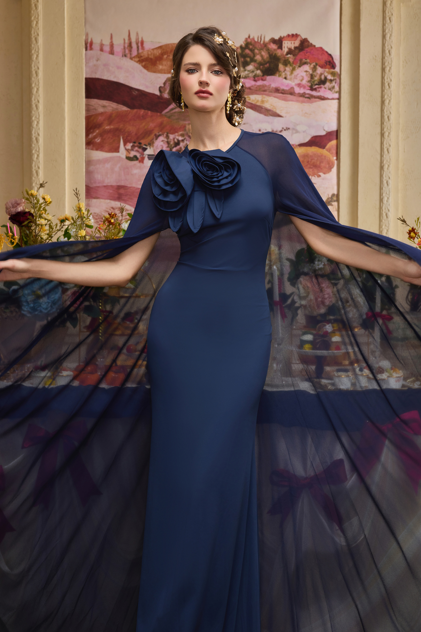 3D Flower Chiffon Cape Maxi Dress