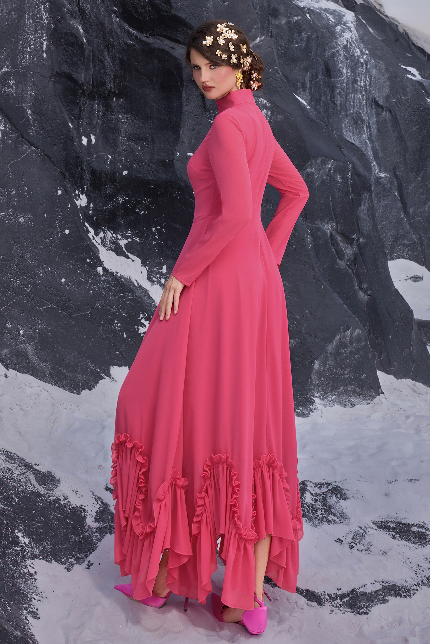 Ruffle Chiffon High Neck Maxi Dress