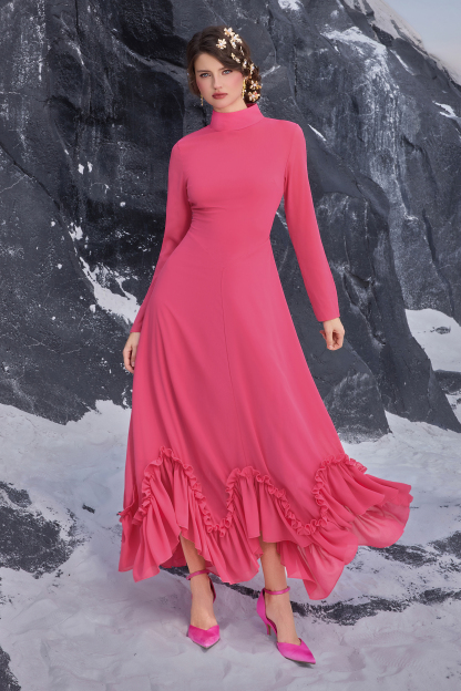 Ruffle Chiffon High Neck Maxi Dress