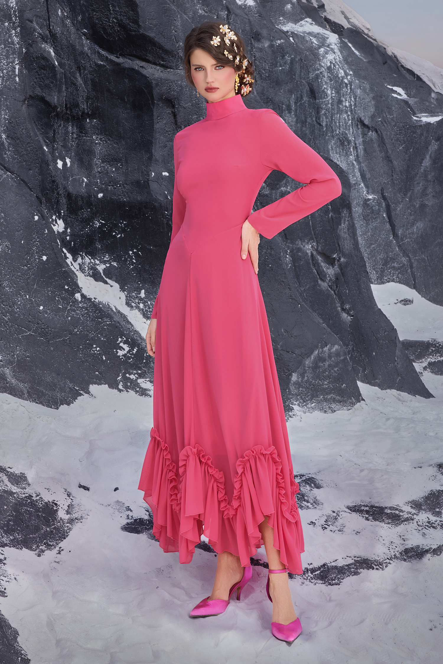 Ruffle Chiffon High Neck Maxi Dress