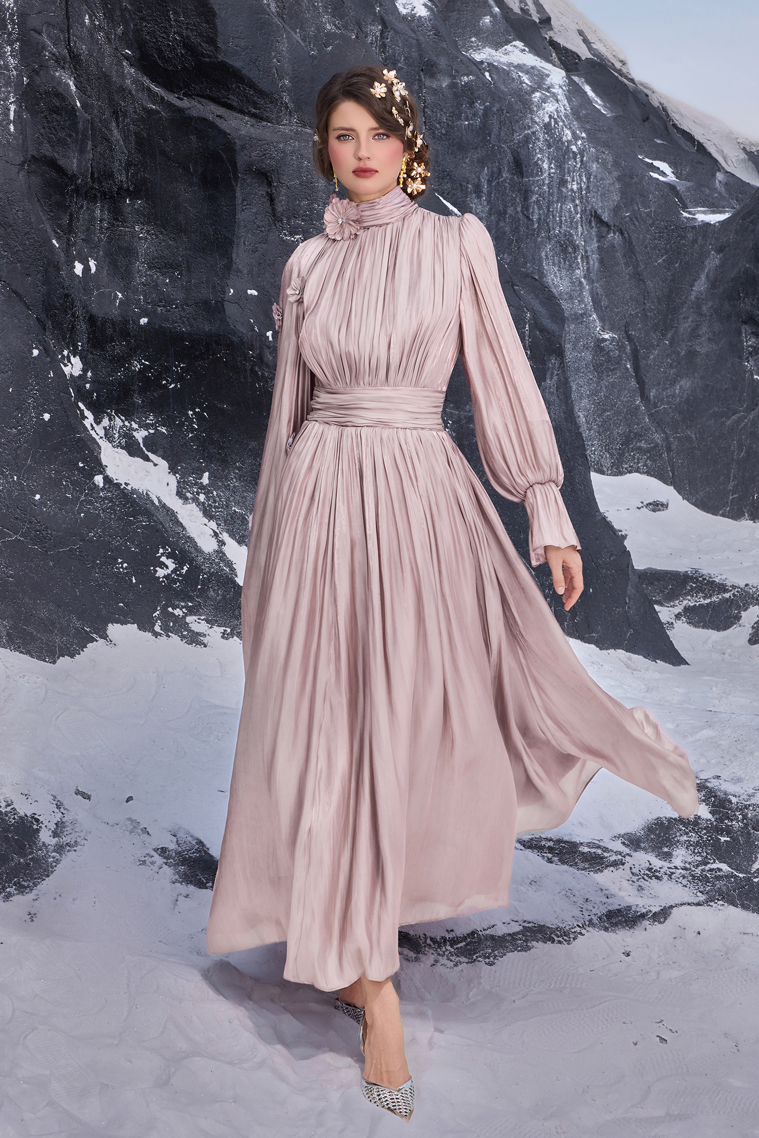 3D Floral Solid Cape Maxi Dress