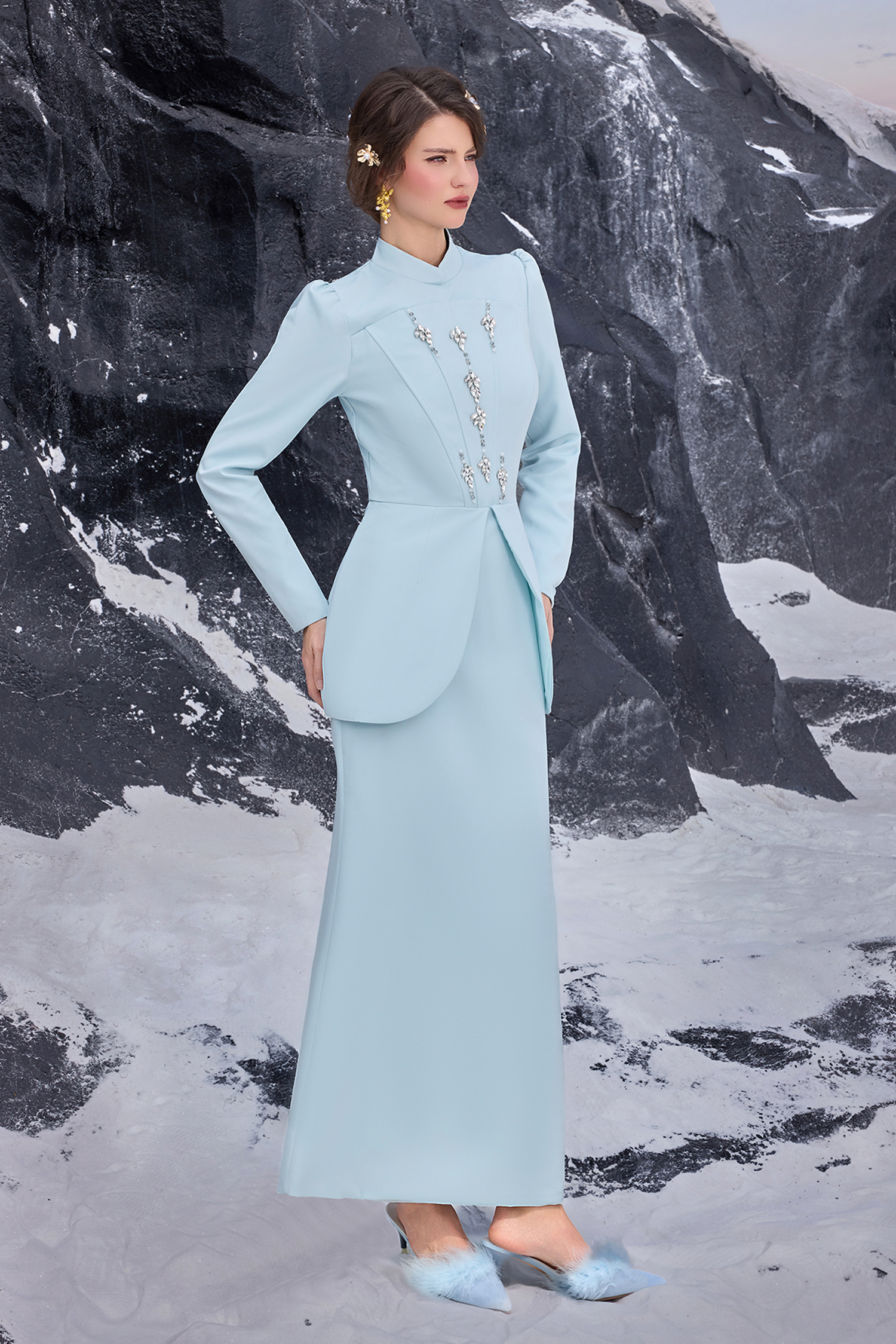 Solid Stand Collar Rhinestone Maxi Dress