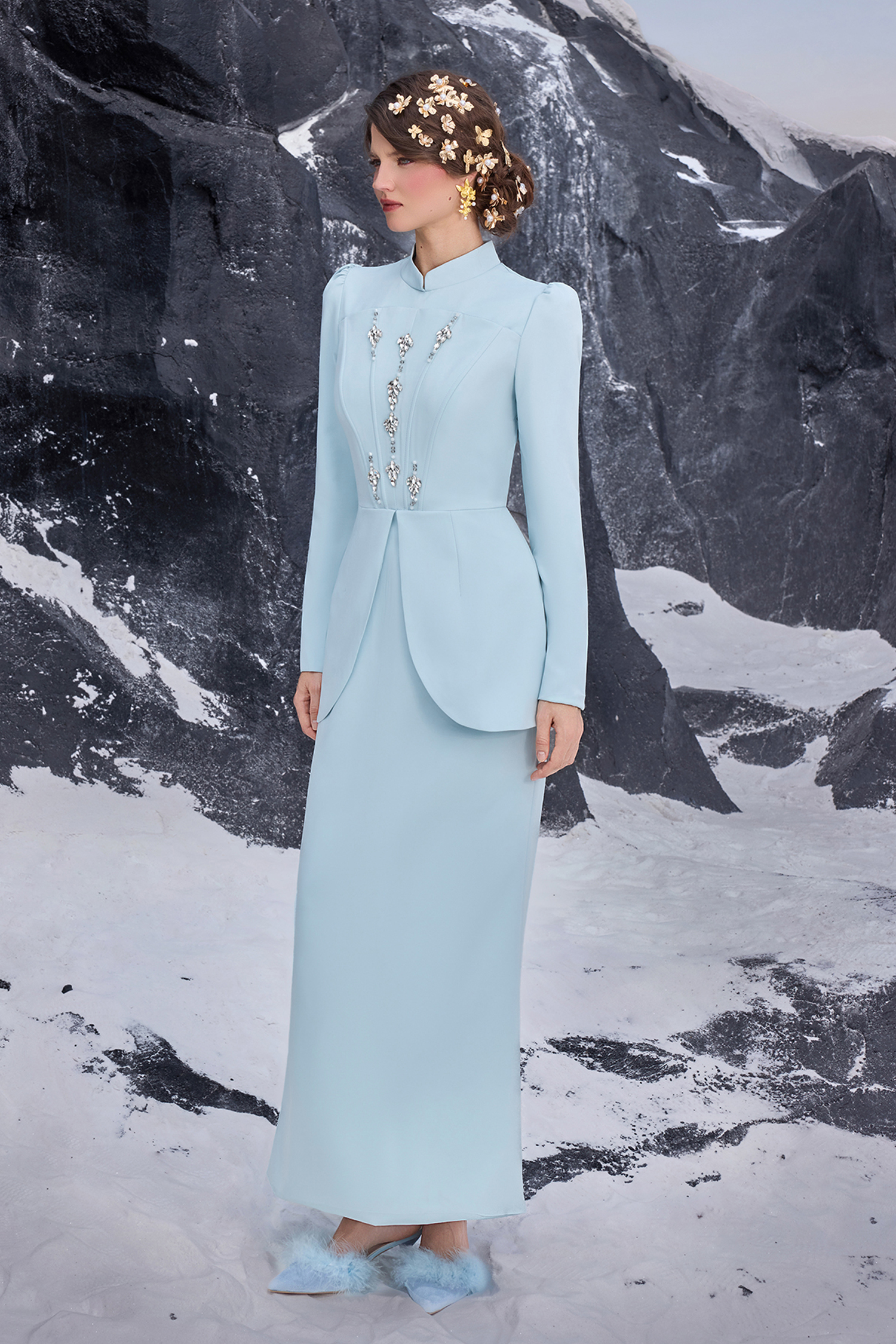 Solid Stand Collar Rhinestone Maxi Dress