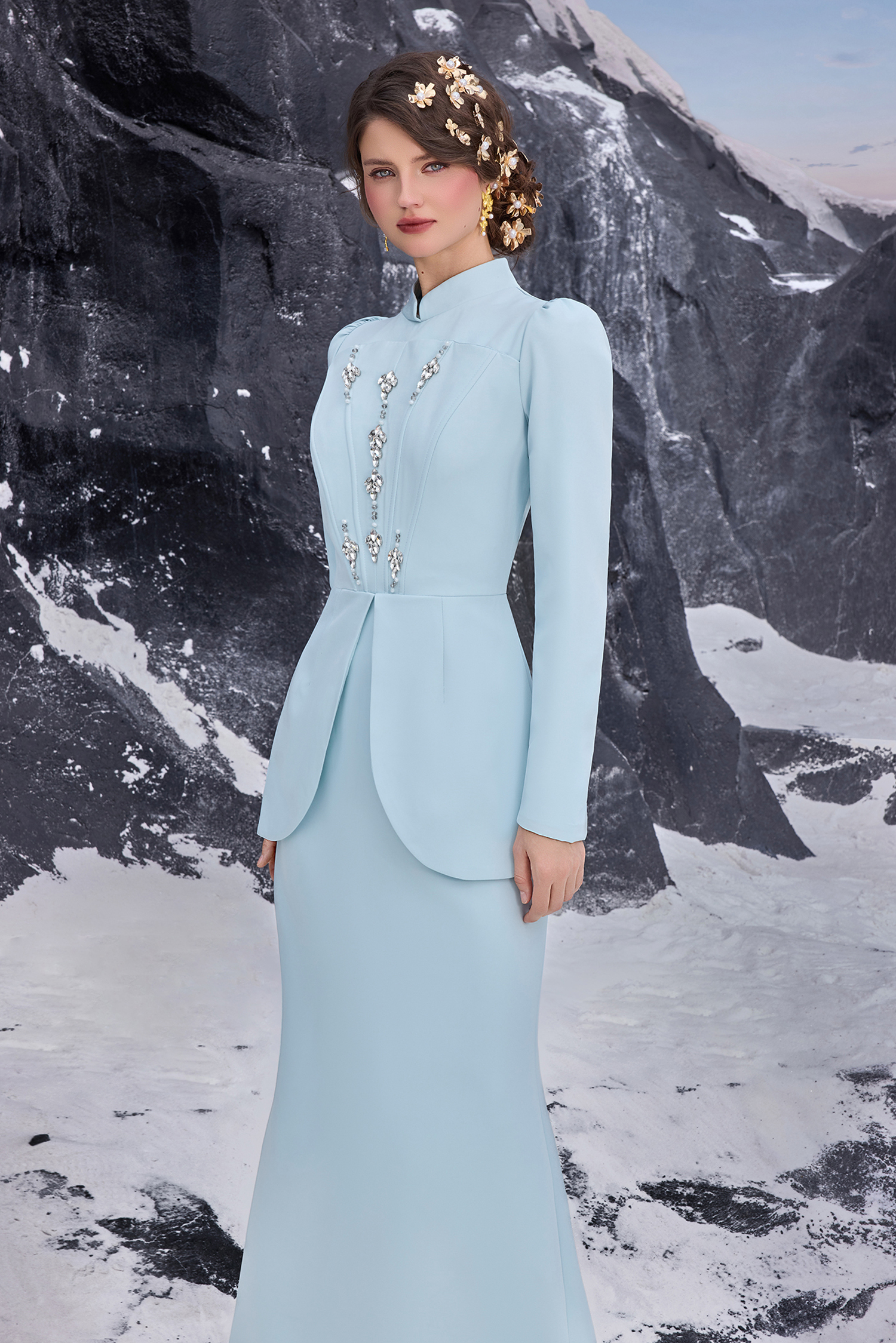 Solid Stand Collar Rhinestone Maxi Dress