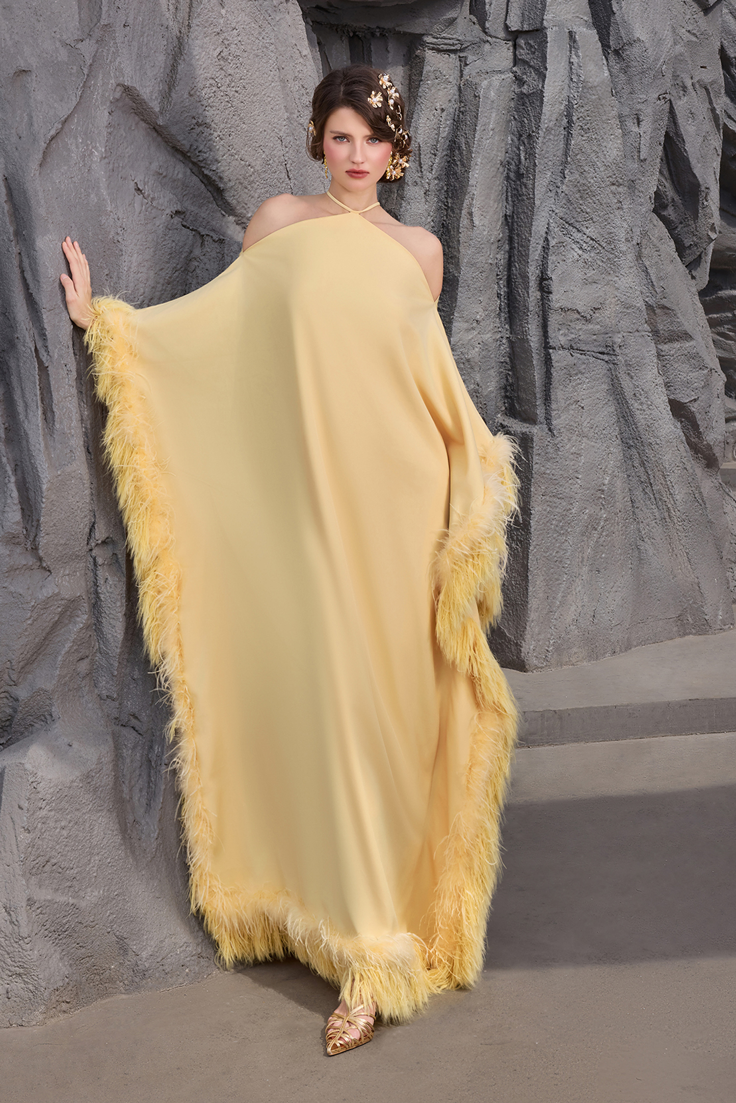 Feather Halter Neck Tie-Up Maxi Dress