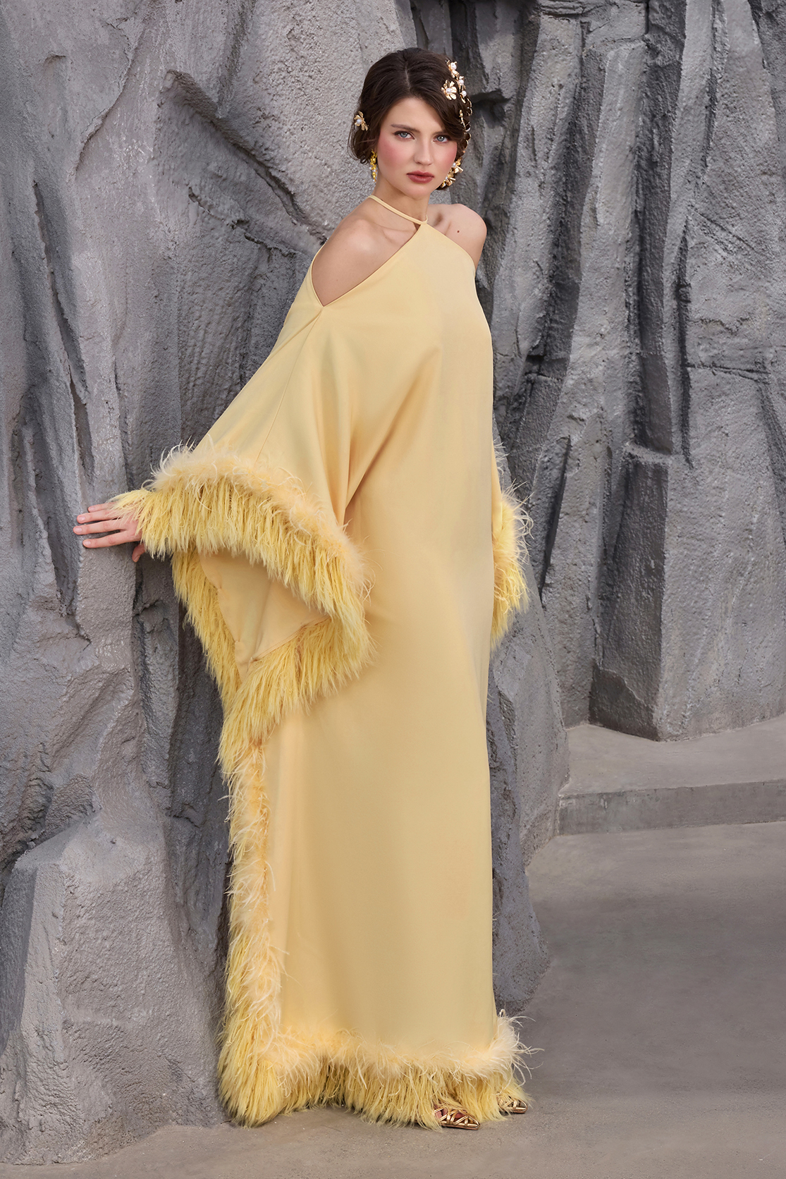 Feather Halter Neck Tie-Up Maxi Dress