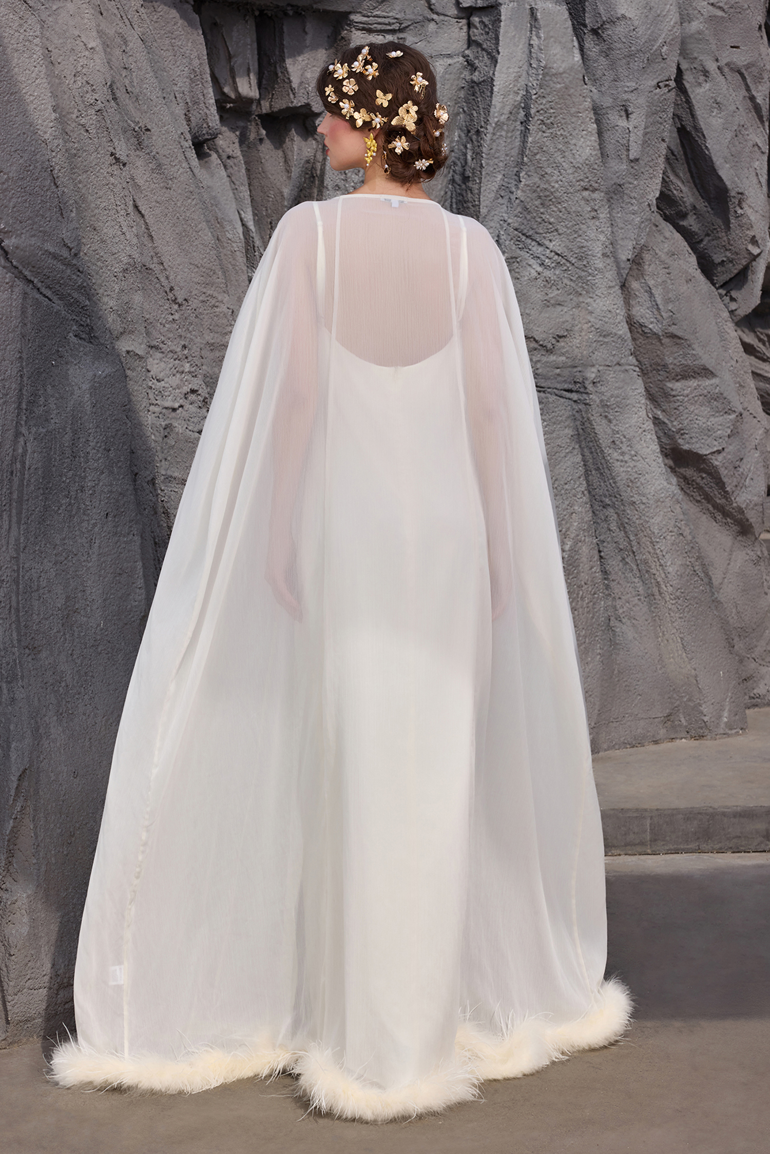 Slip Satin Maxi Dress With Ostrich Feather Cape