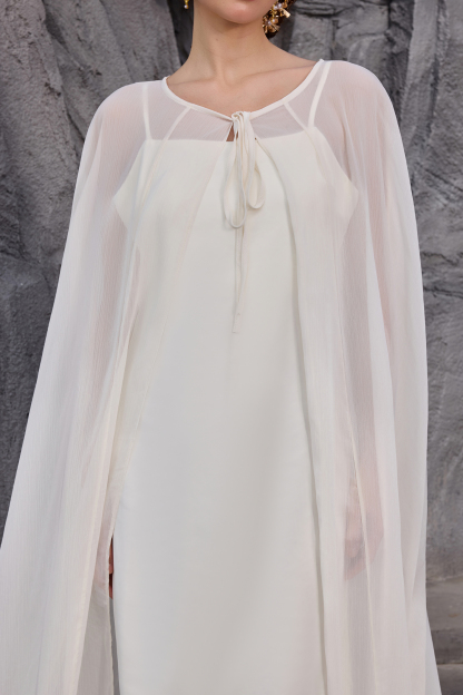 Slip Satin Maxi Dress With Ostrich Feather Cape