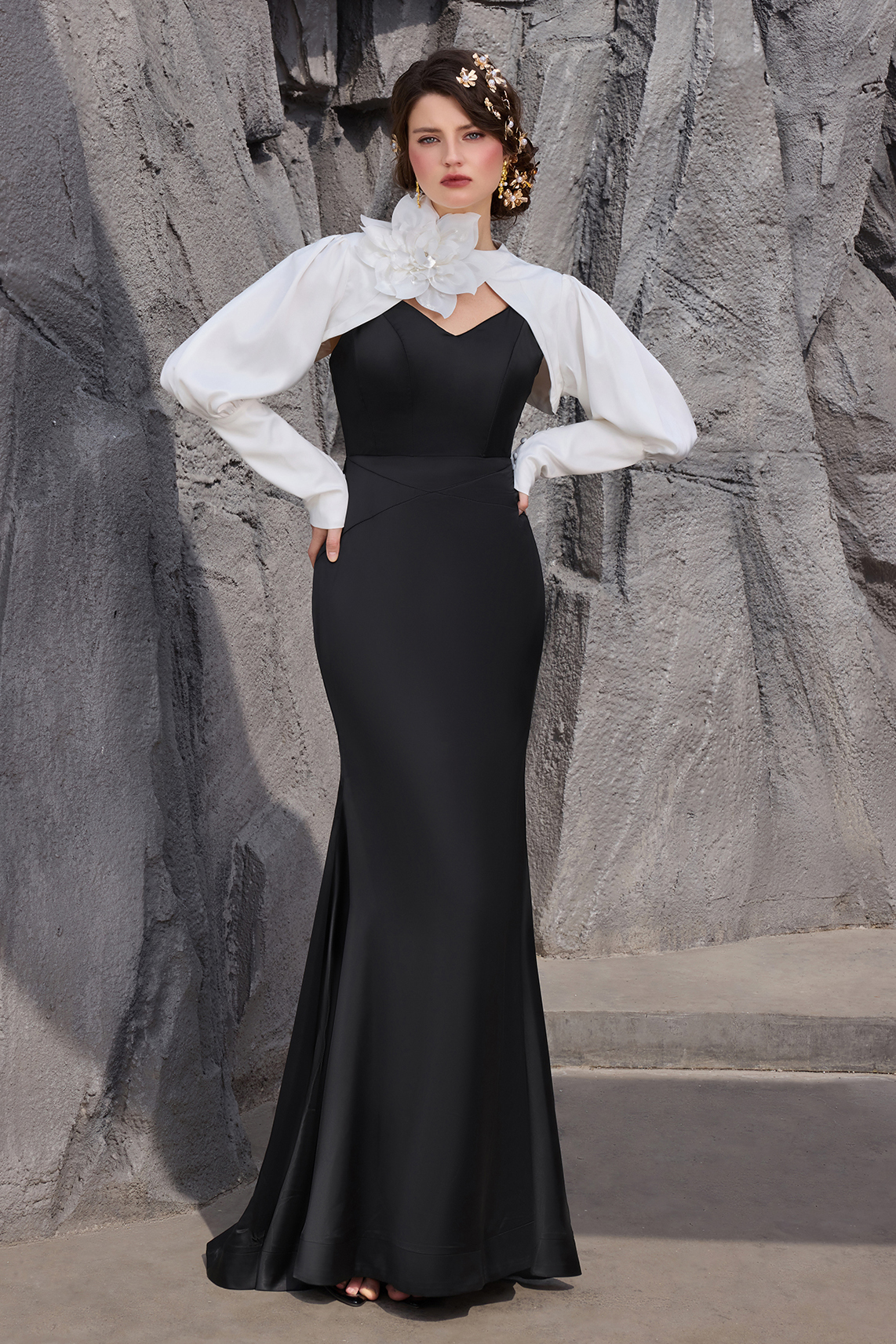 Satin Contrast Color Off-Shoulder 3D Flower Maxi Dress