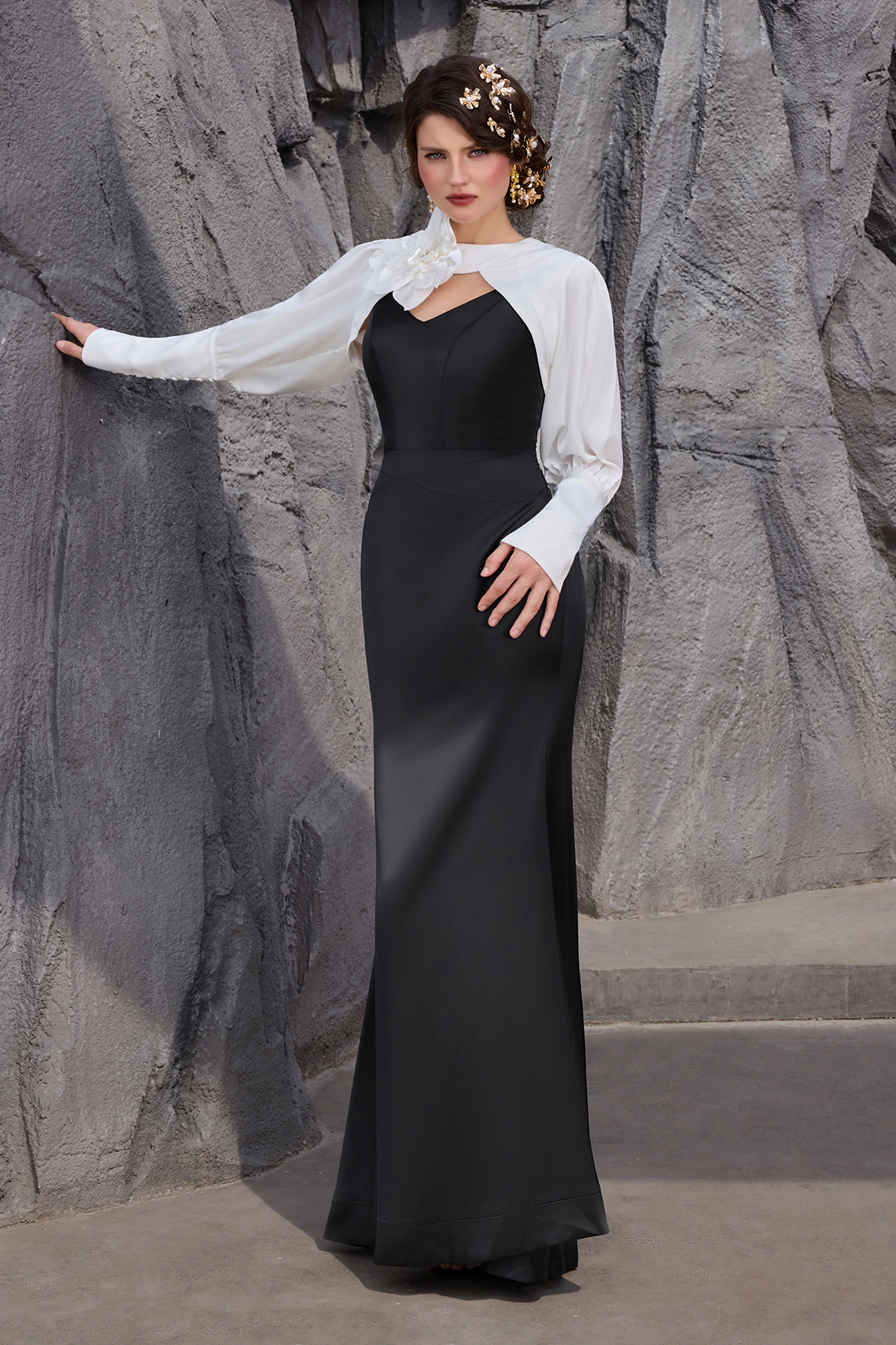 Satin Contrast Color Off-Shoulder 3D Flower Maxi Dress