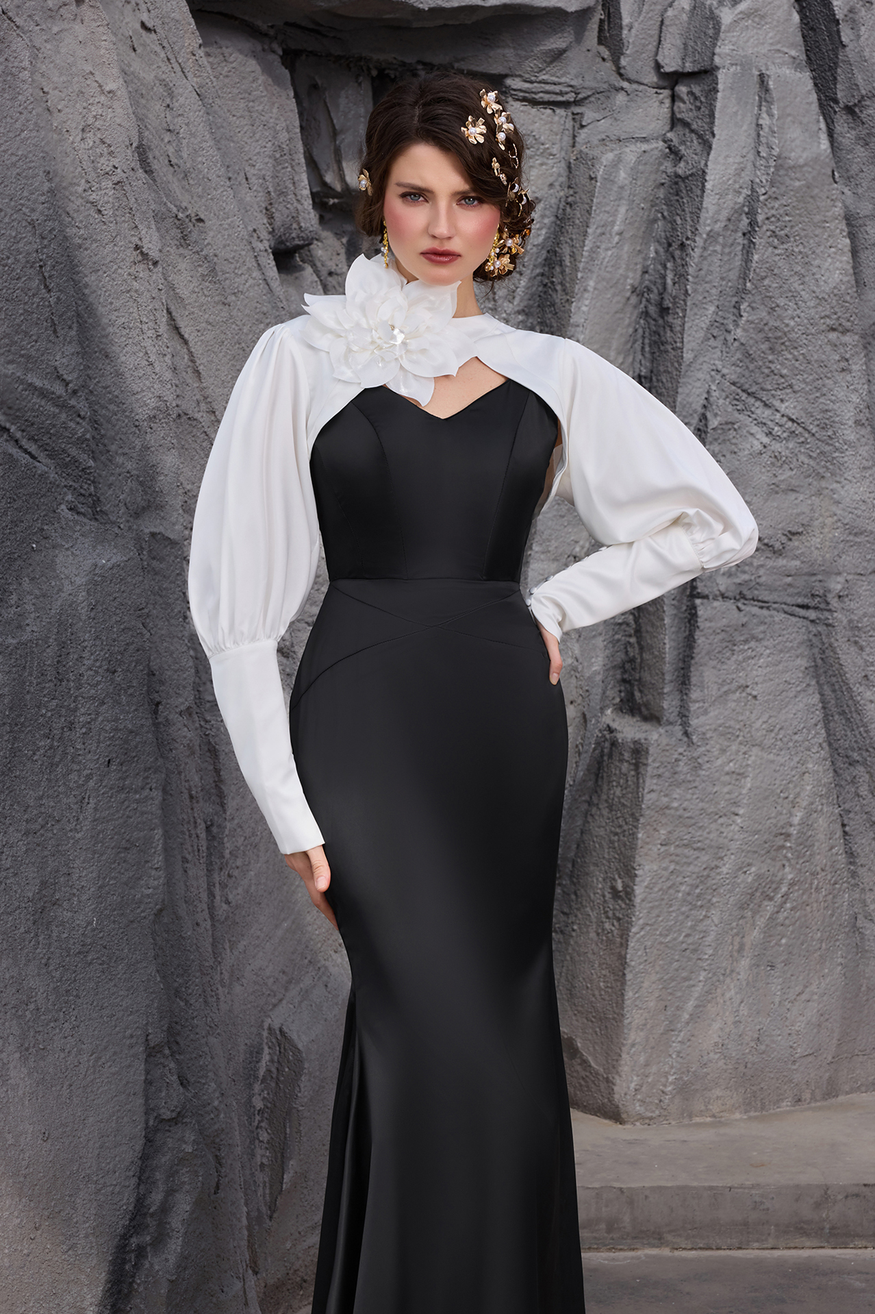 Satin Contrast Color Off-Shoulder 3D Flower Maxi Dress