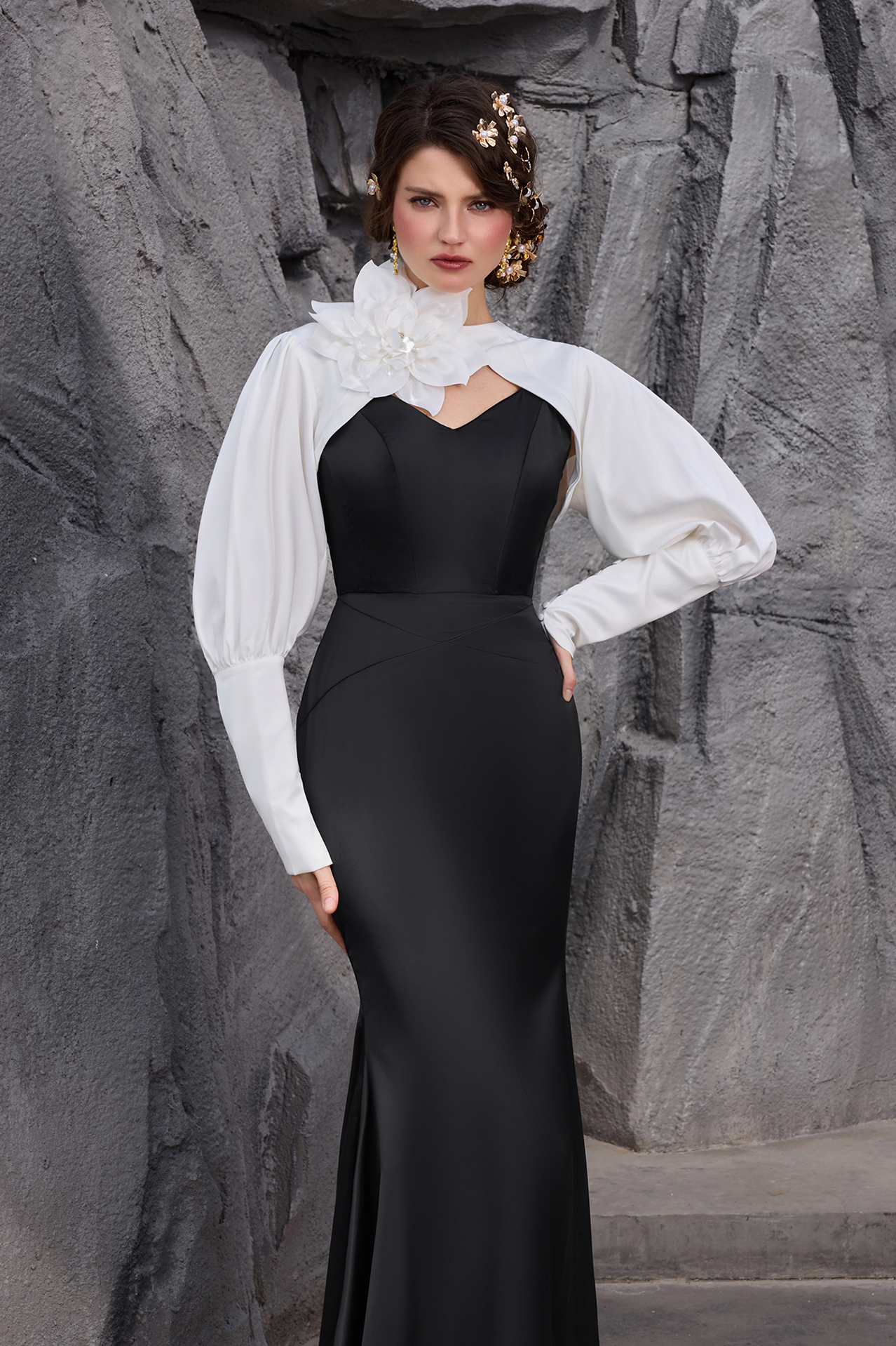 Satin Contrast Color Off-Shoulder 3D Flower Maxi Dress