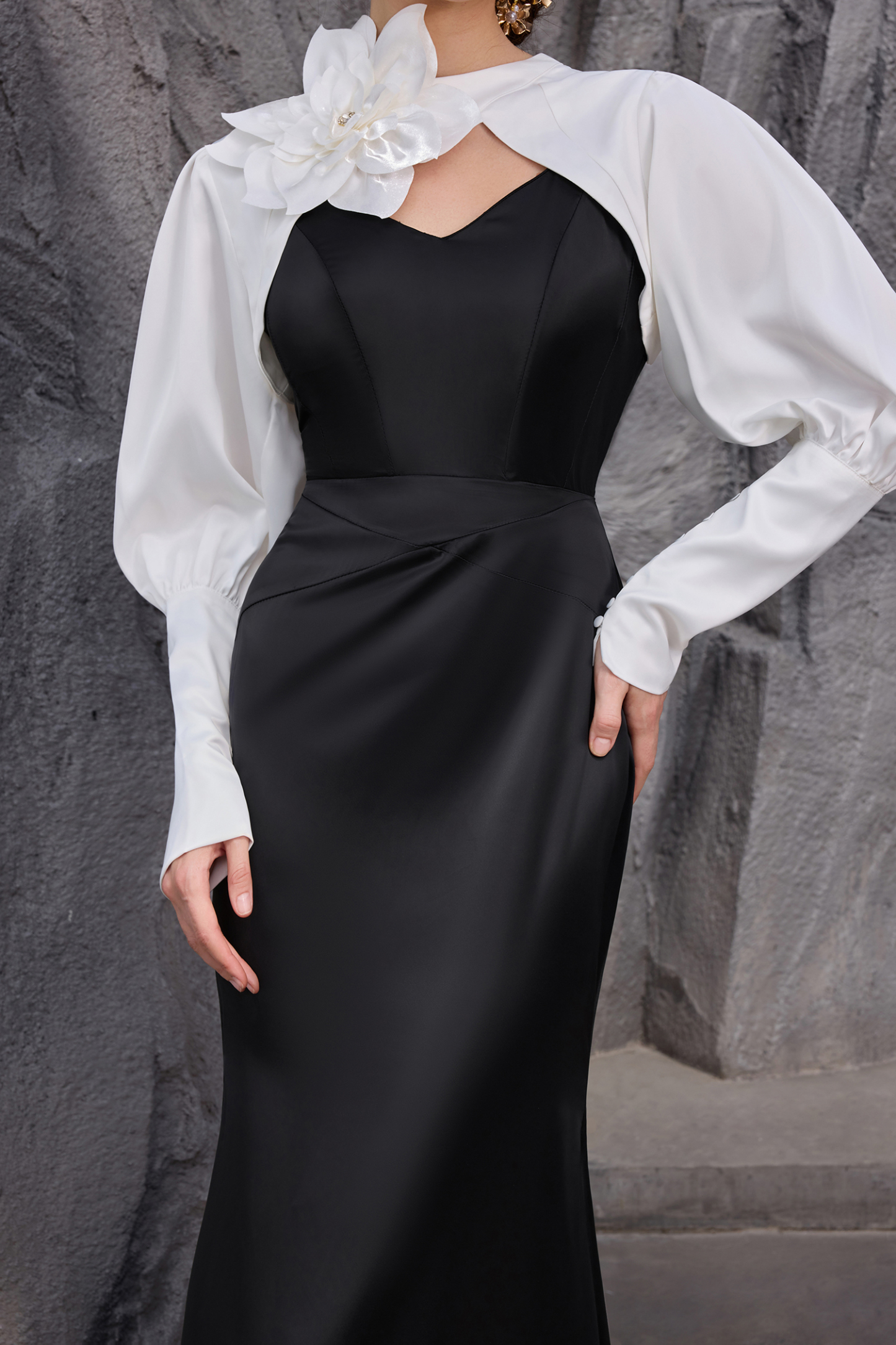 Satin Contrast Color Off-Shoulder 3D Flower Maxi Dress