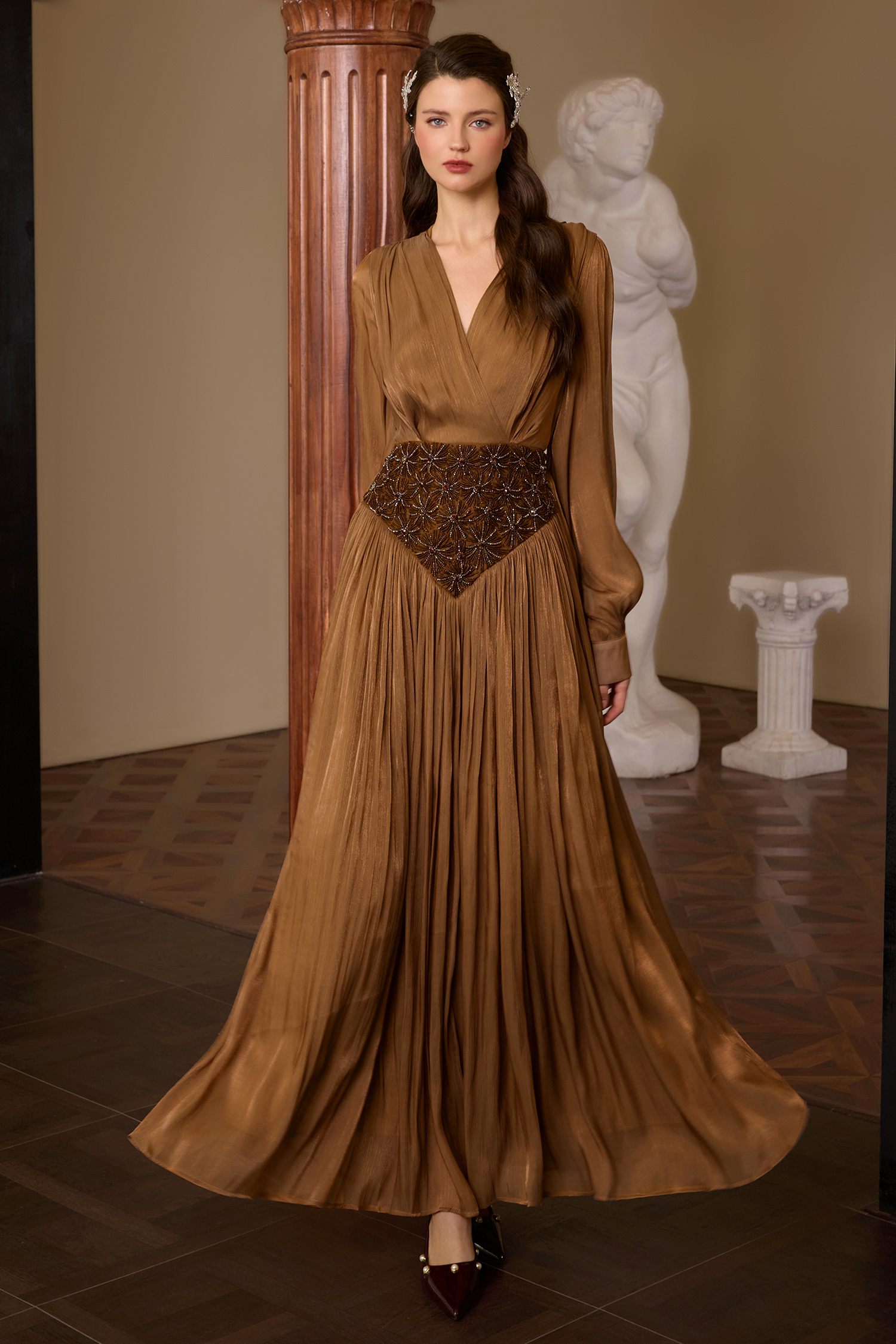 Nail Bead Embroidery Lantern Sleeve Midi Dress