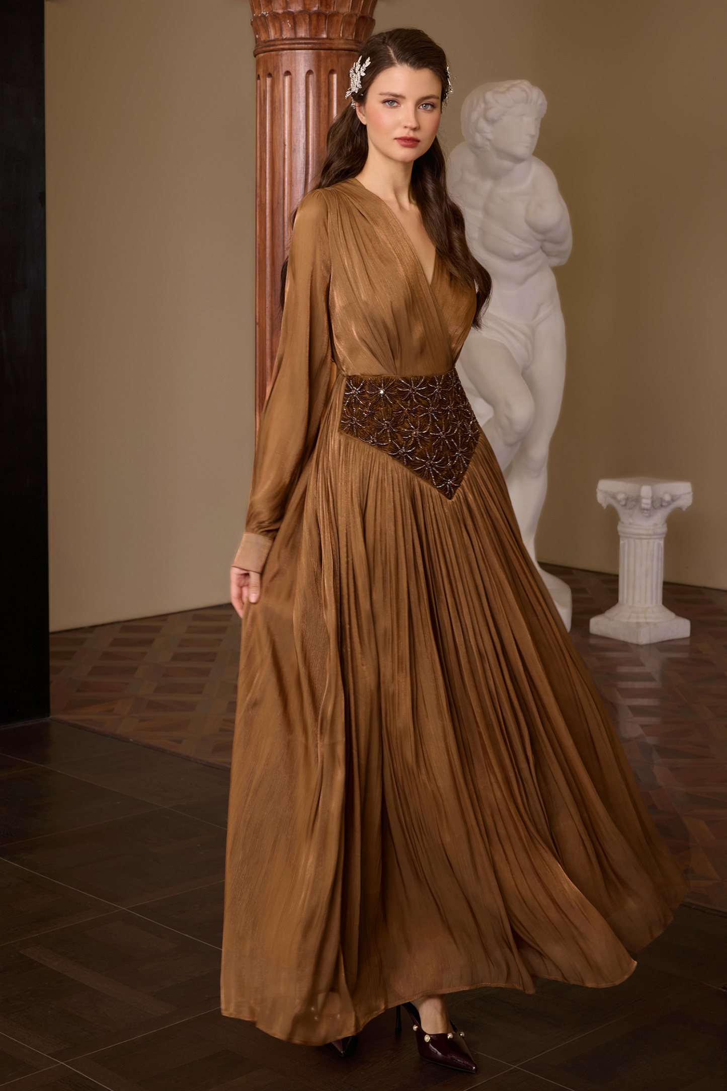 Nail Bead Embroidery Lantern Sleeve Midi Dress