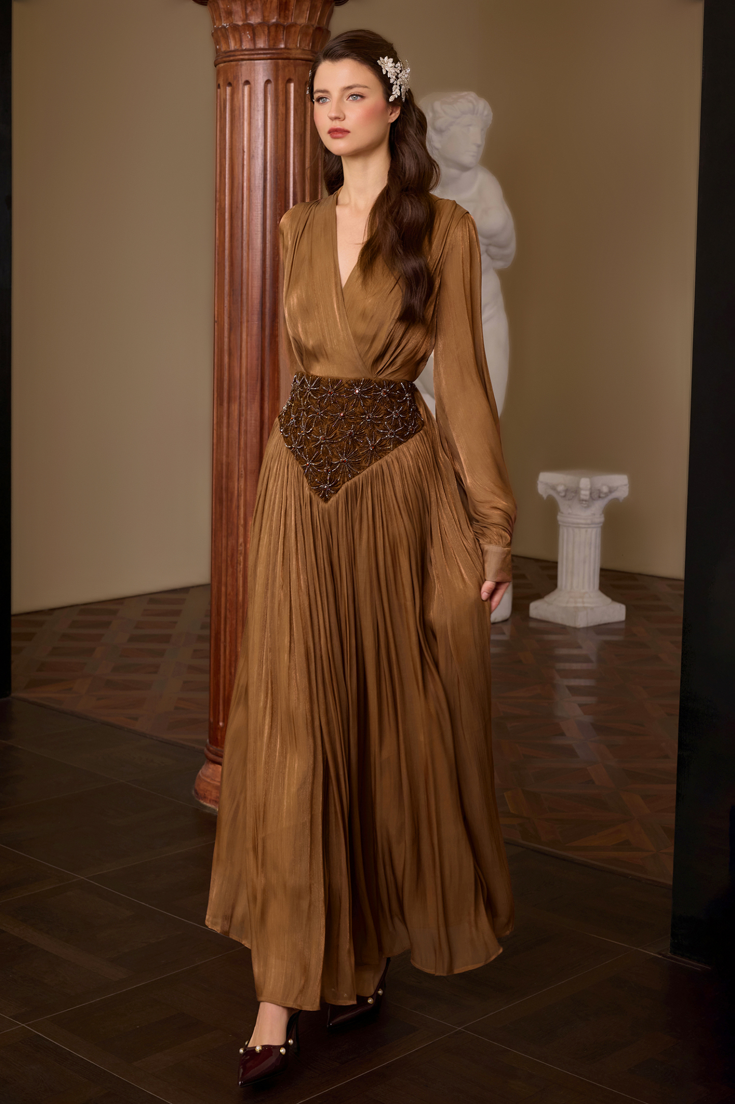 Nail Bead Embroidery Lantern Sleeve Midi Dress