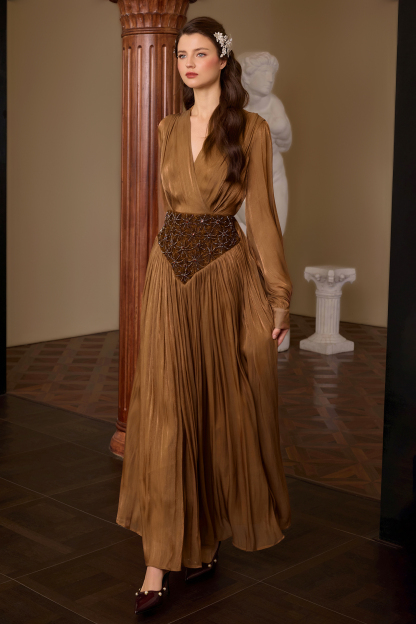 Nail Bead Embroidery Lantern Sleeve Midi Dress