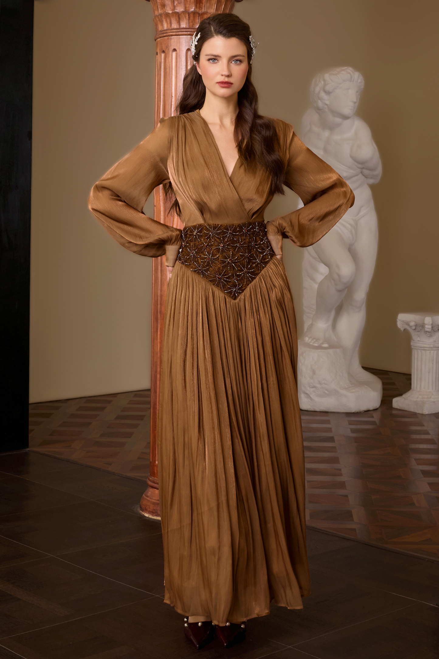 Nail Bead Embroidery Lantern Sleeve Midi Dress