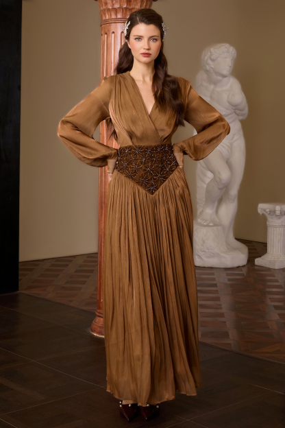 Nail Bead Embroidery Lantern Sleeve Midi Dress