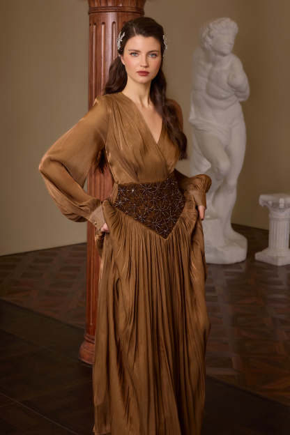 Nail Bead Embroidery Lantern Sleeve Midi Dress