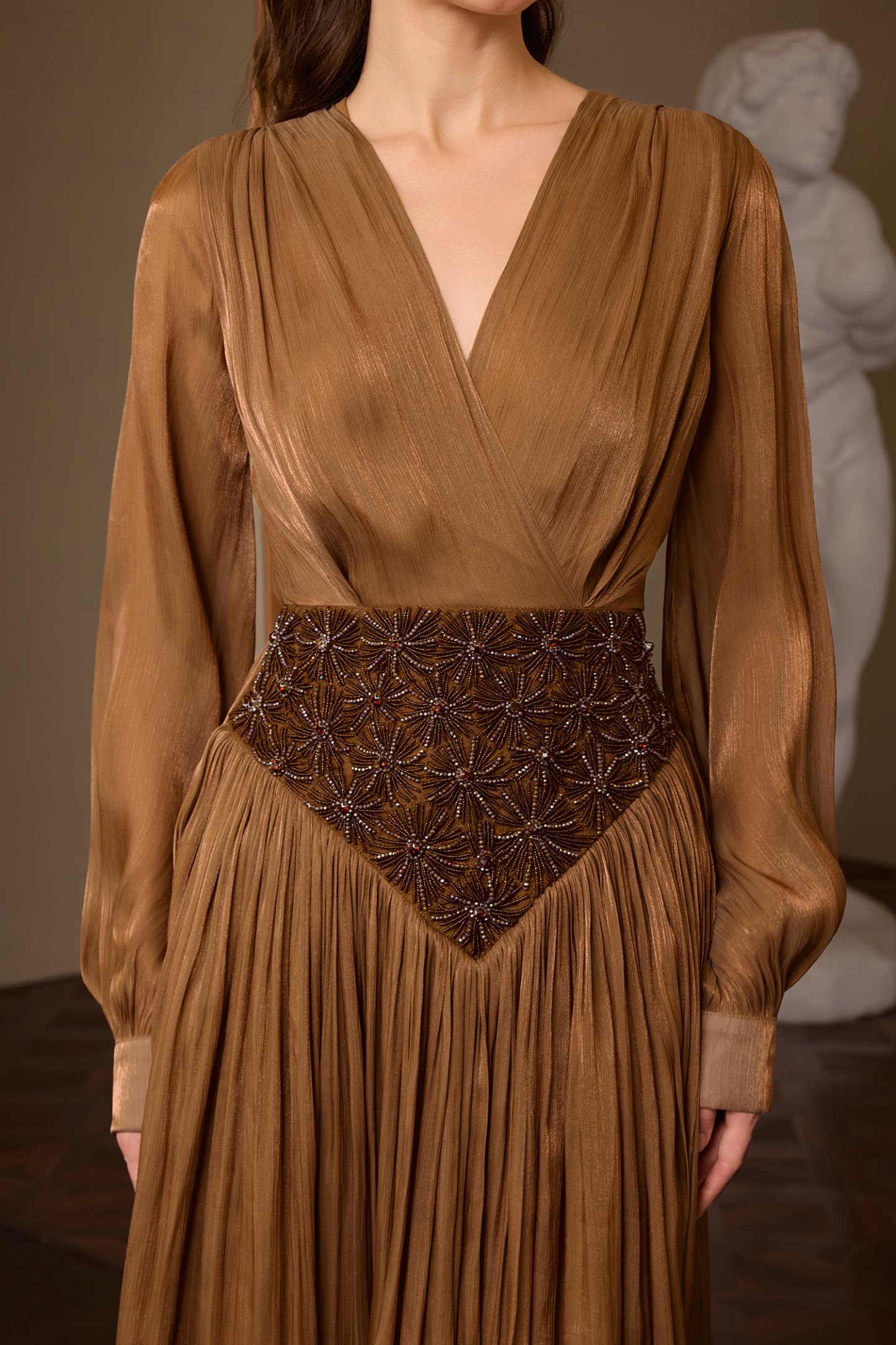 Nail Bead Embroidery Lantern Sleeve Midi Dress