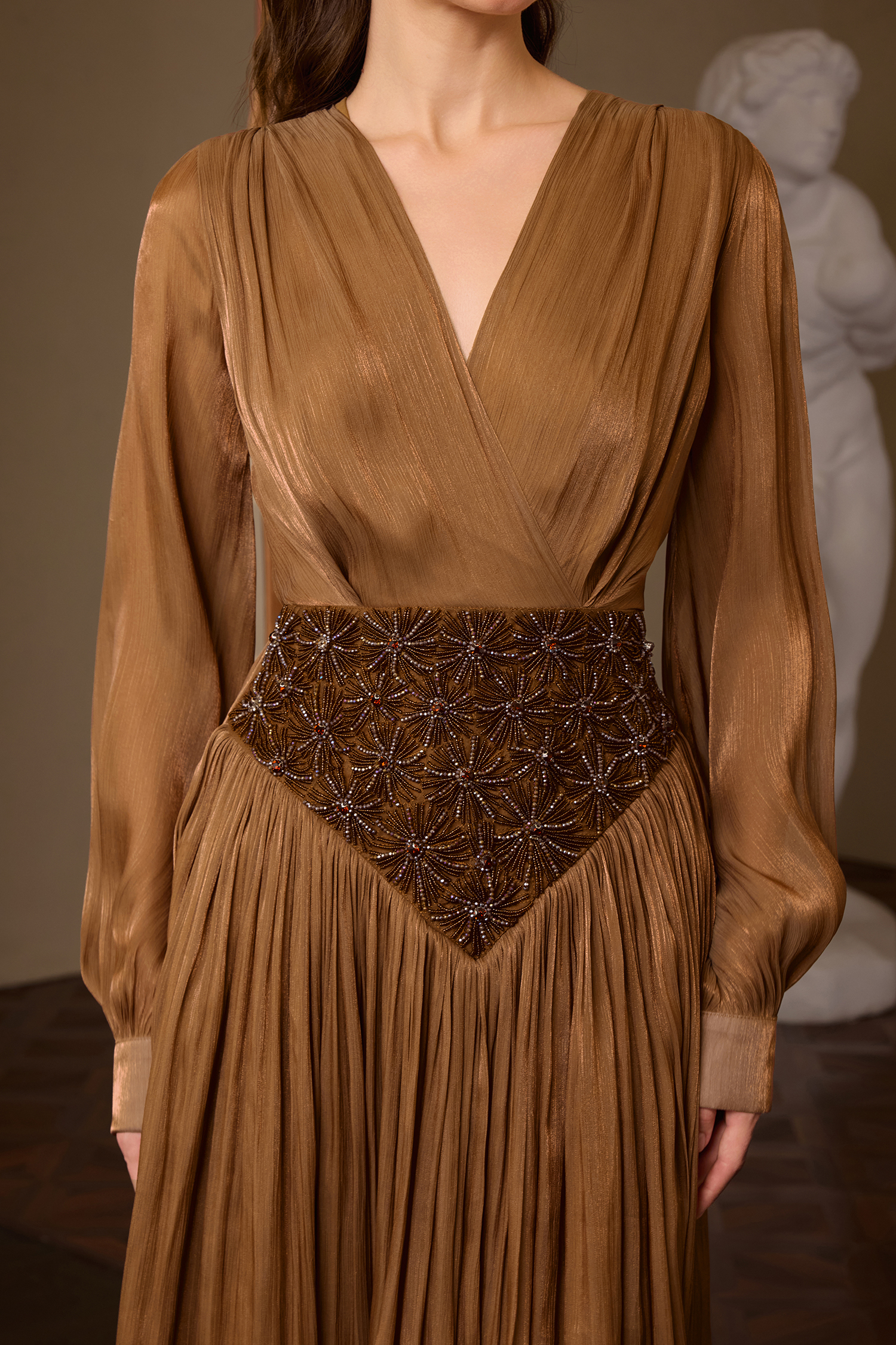 Nail Bead Embroidery Lantern Sleeve Midi Dress