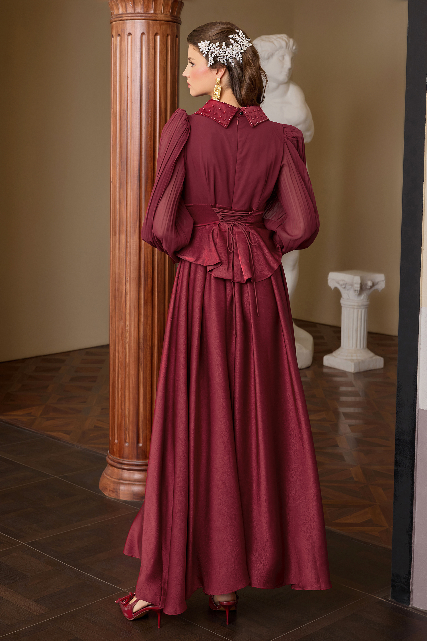 Chiffon Pleated Splicing Jacquard Rivet Maxi Dress