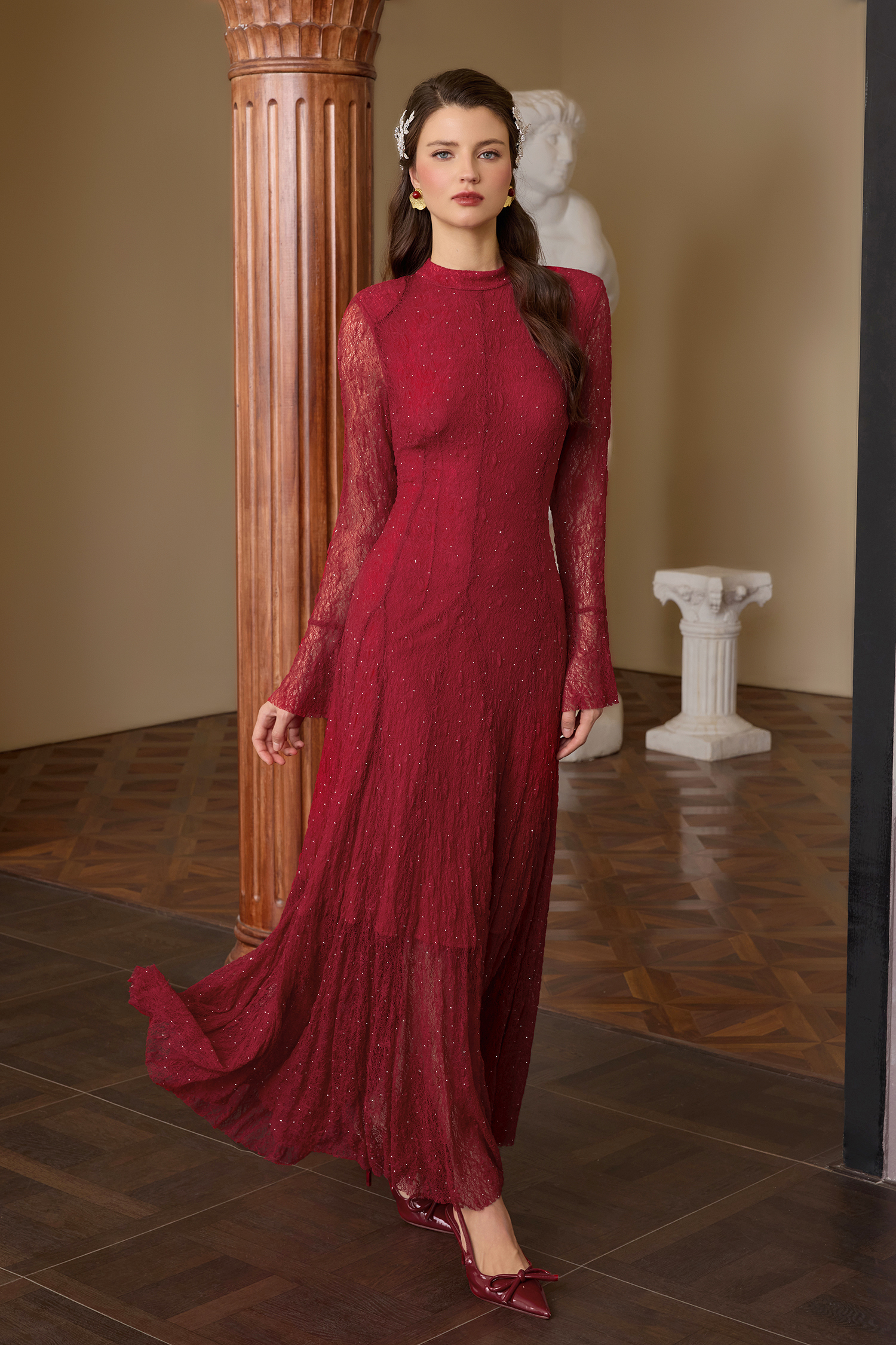 Lace Rhinestone Long Sleeve Maxi Dress