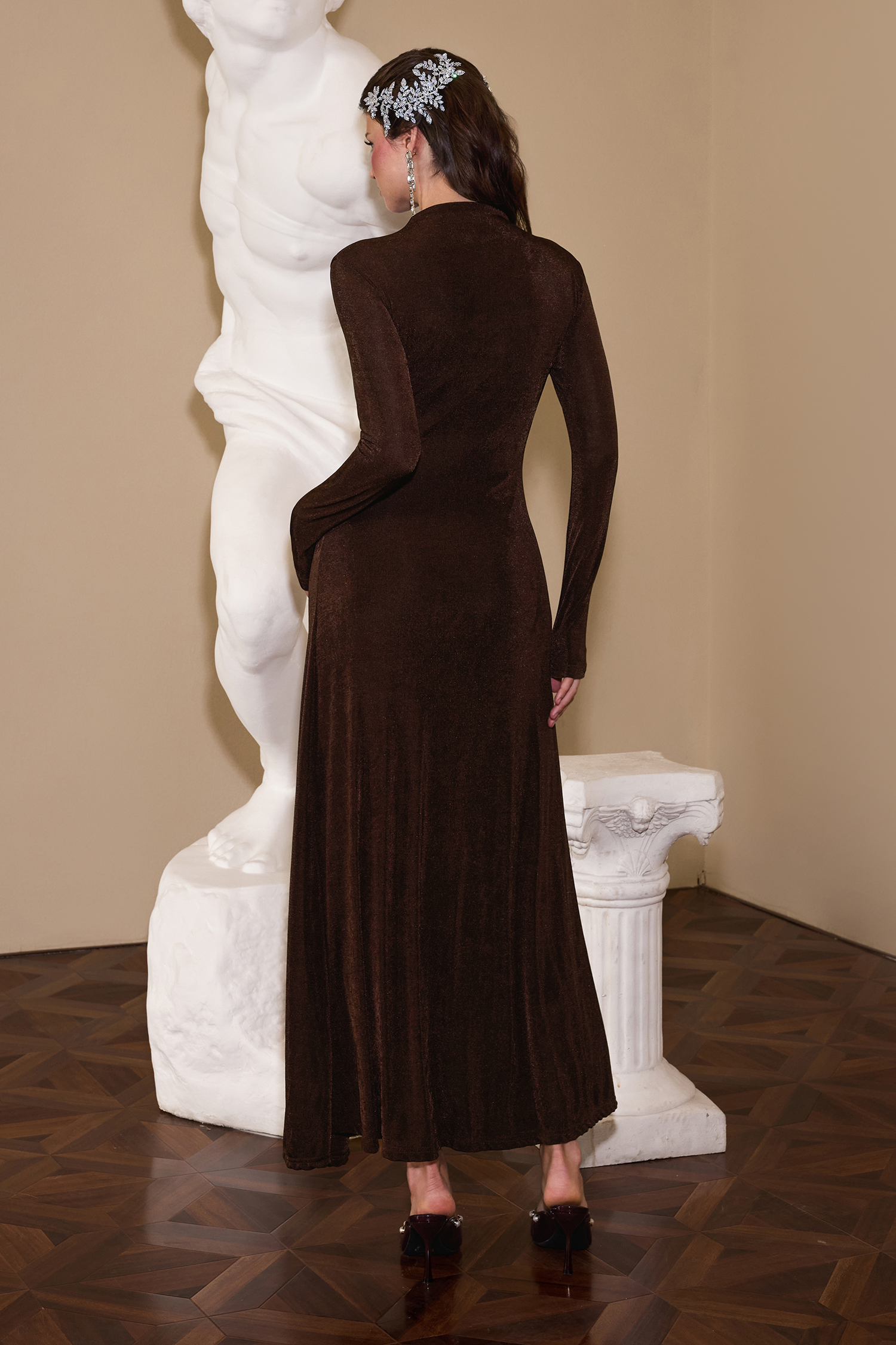 Jersey Rhinestone Gathering Maxi Dress