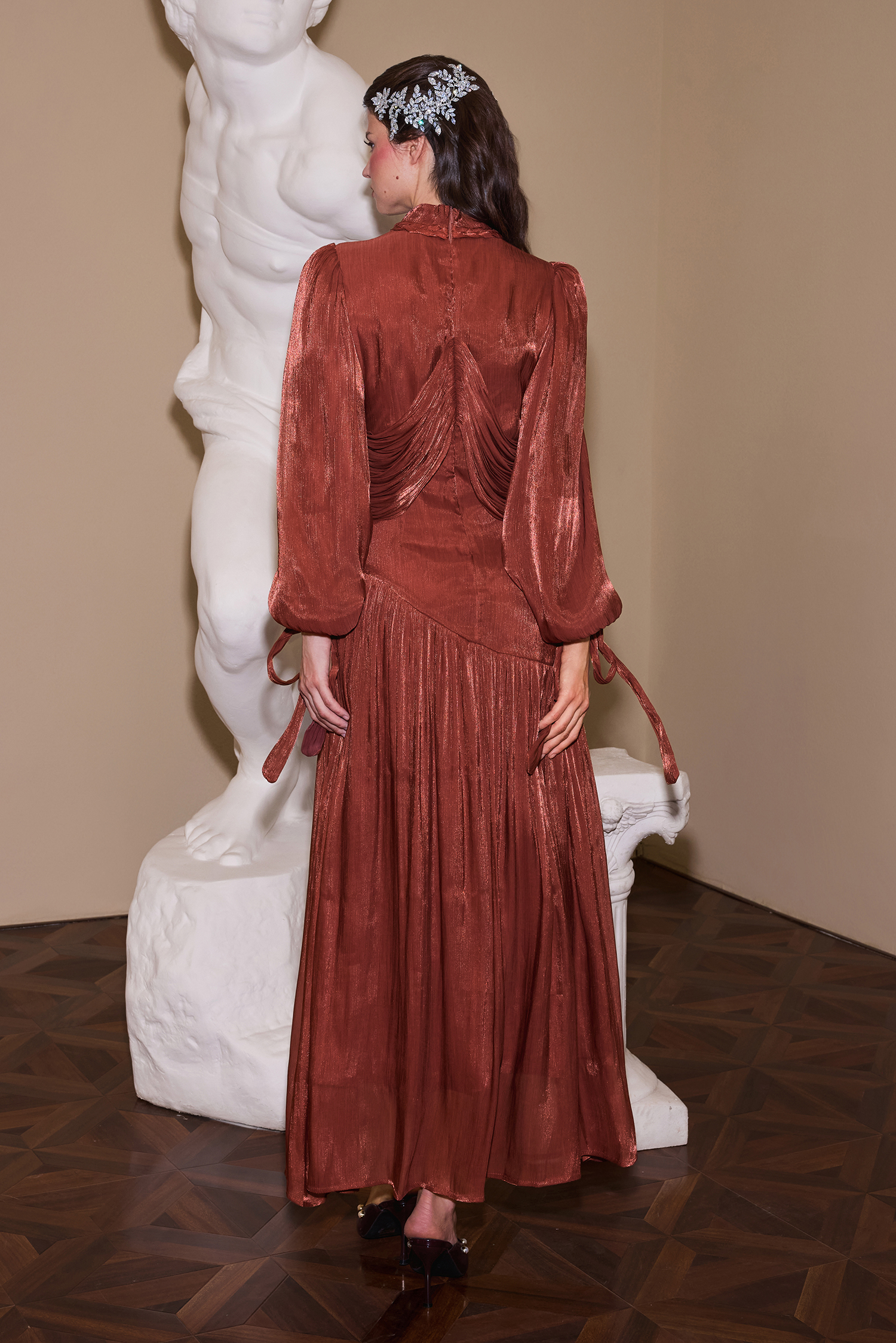 Solid Gathering Lantern Sleeve Midi Dress