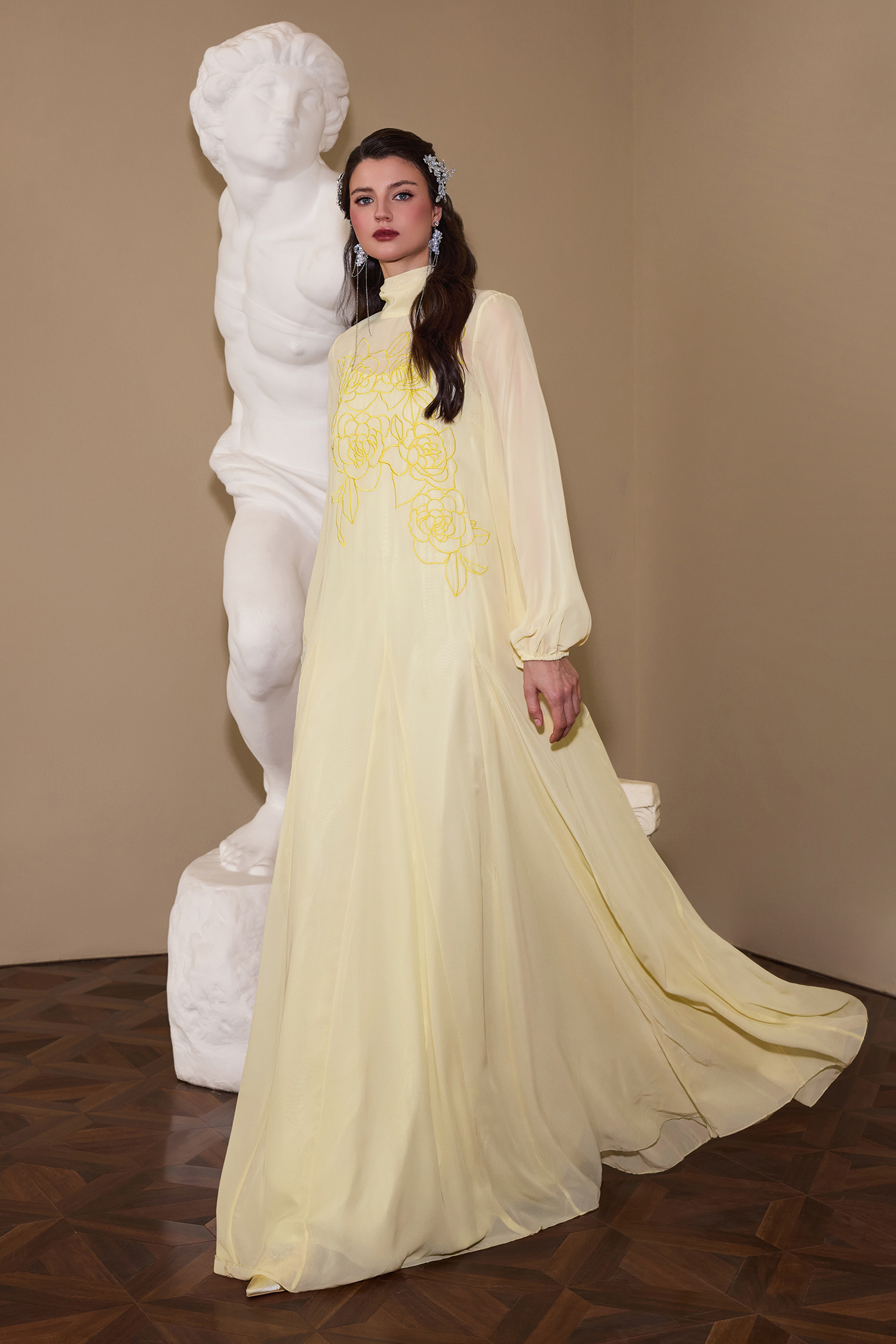 Embroidered Chiffon Lantern Sleeve Maxi Dress