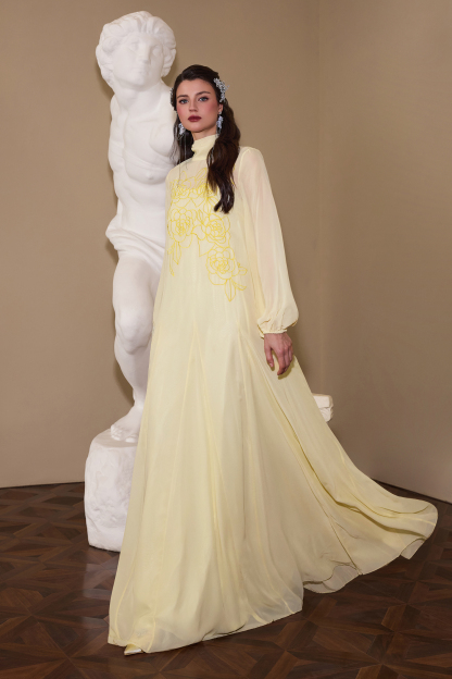 Embroidered Chiffon Lantern Sleeve Maxi Dress