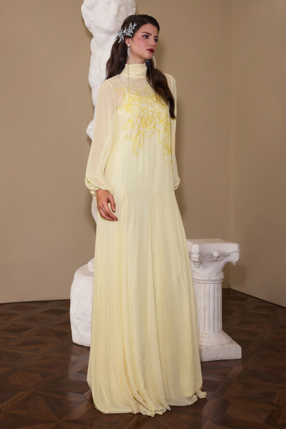Embroidered Chiffon Lantern Sleeve Maxi Dress
