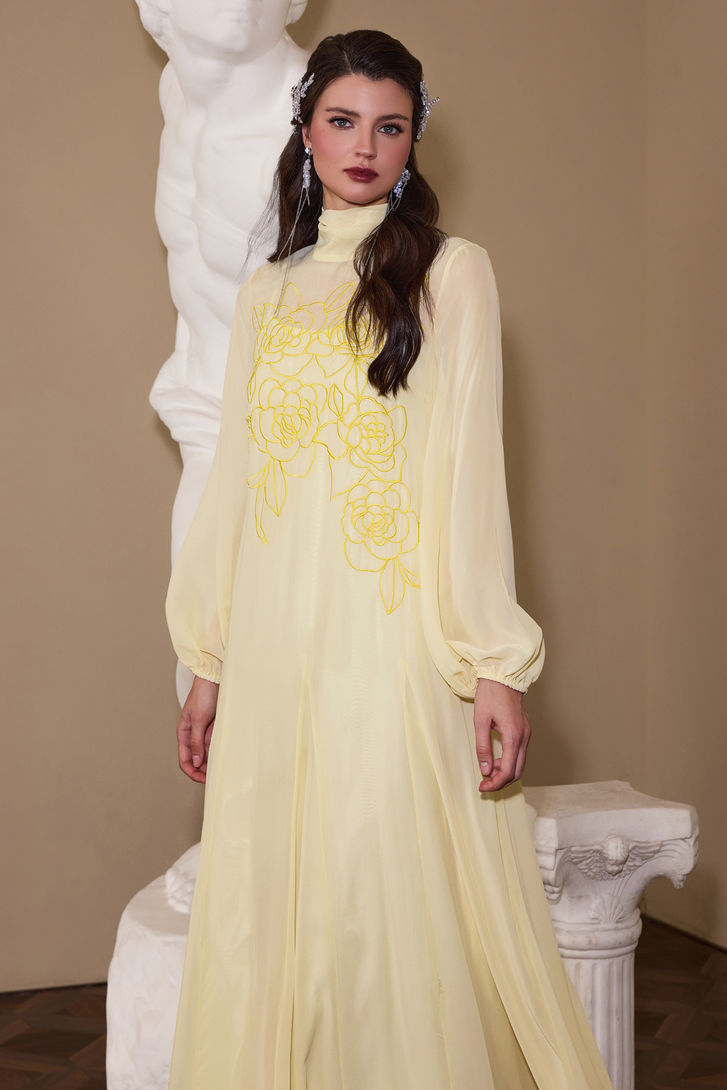 Embroidered Chiffon Lantern Sleeve Maxi Dress