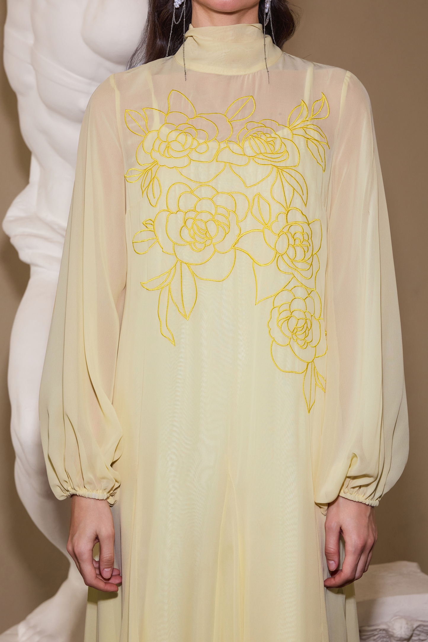 Embroidered Chiffon Lantern Sleeve Maxi Dress