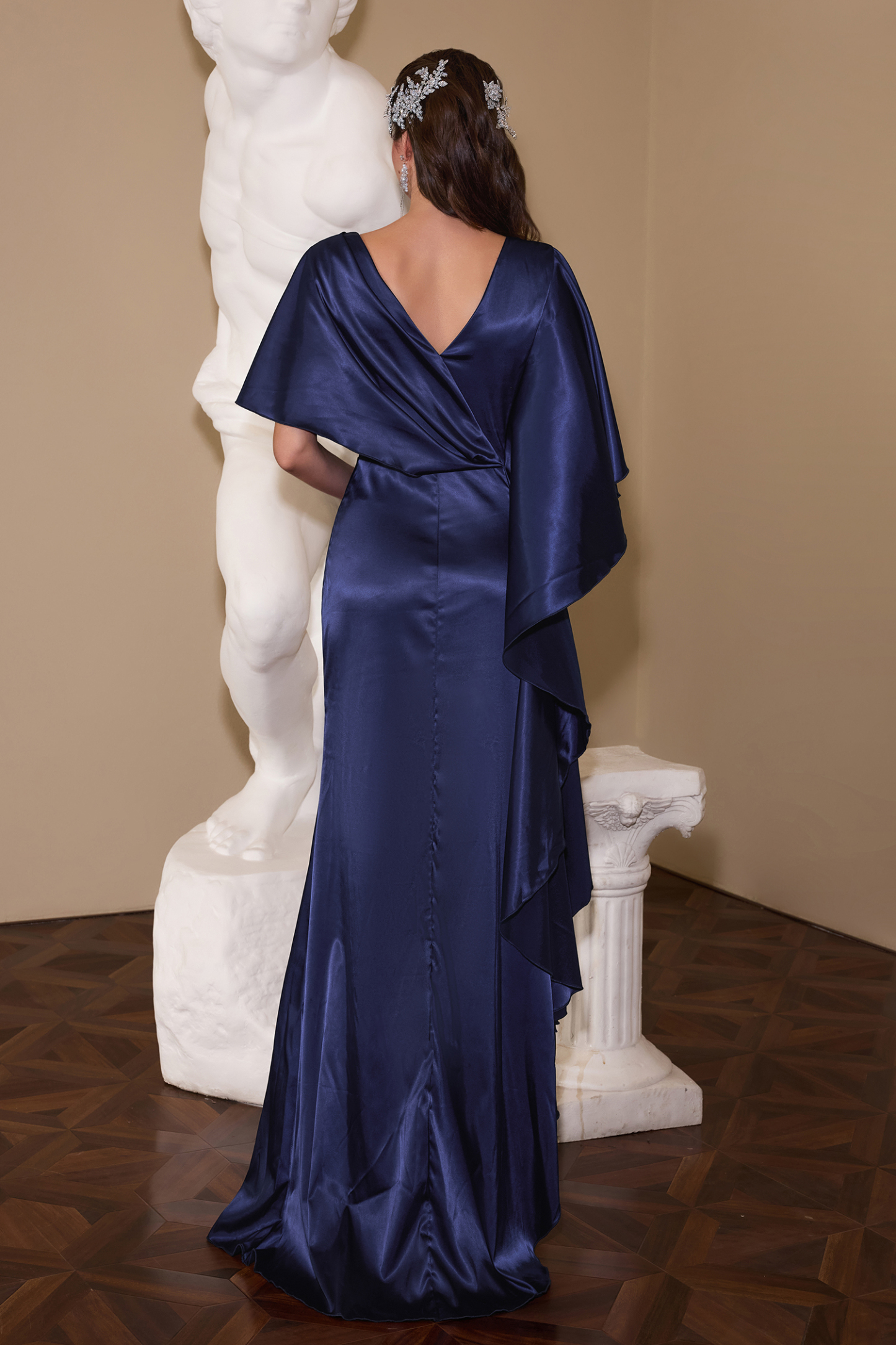 Satin Gathering Ruffle Maxi Dress