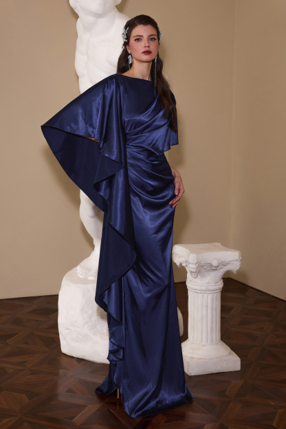 Satin Gathering Ruffle Maxi Dress