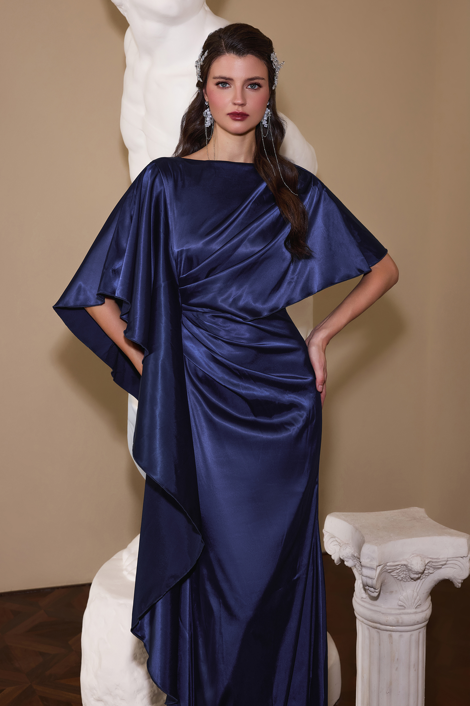 Satin Gathering Ruffle Maxi Dress