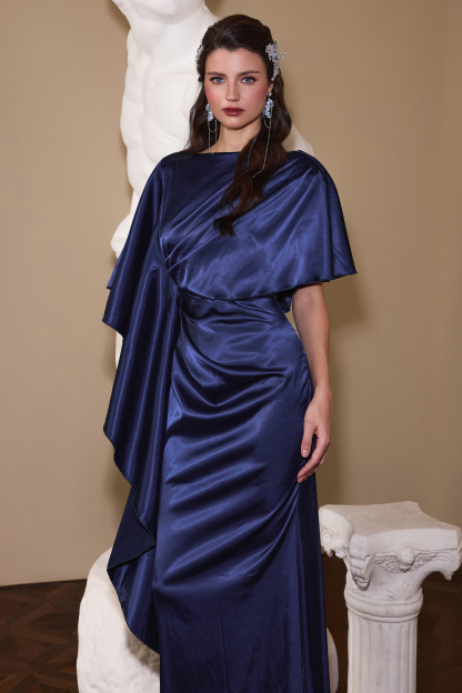 Satin Gathering Ruffle Maxi Dress